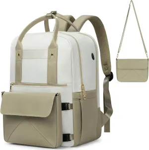 Backpack for Women, 15.6 Inch Laptop Travel Backpacks Bag with USB Port, Work Business Nurse Teacher Bags College Bookbag for School, Casual Daypack for Travel, Khaki White
