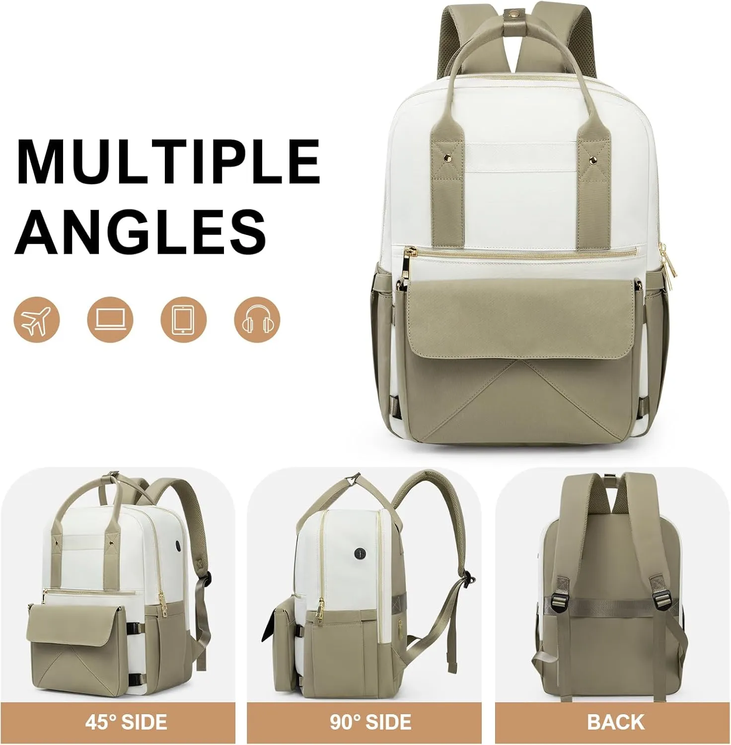 Backpack for Women, 15.6 Inch Laptop Travel Backpacks Bag with USB Port, Work Business Nurse Teacher Bags College Bookbag for School, Casual Daypack for Travel, Khaki White