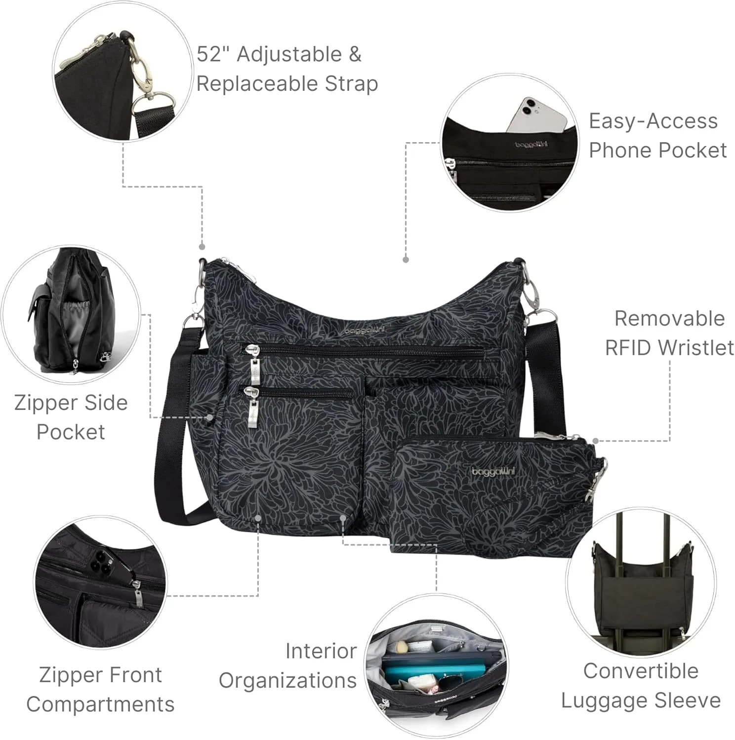 Baggallini Modern Everywhere Crossbody Women 11x9x4.5 RFID Hobo Bag