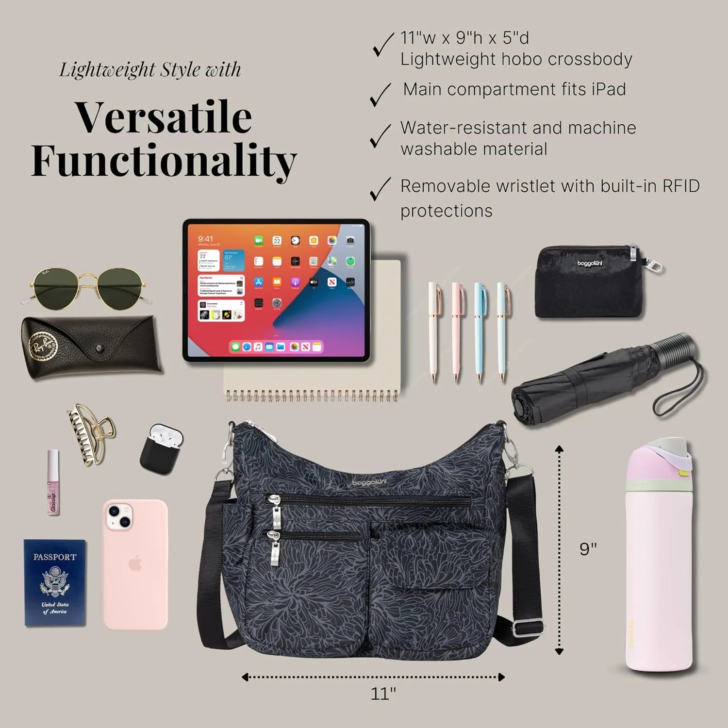 Baggallini Modern Everywhere Crossbody Women 11x9x4.5 RFID Hobo Bag
