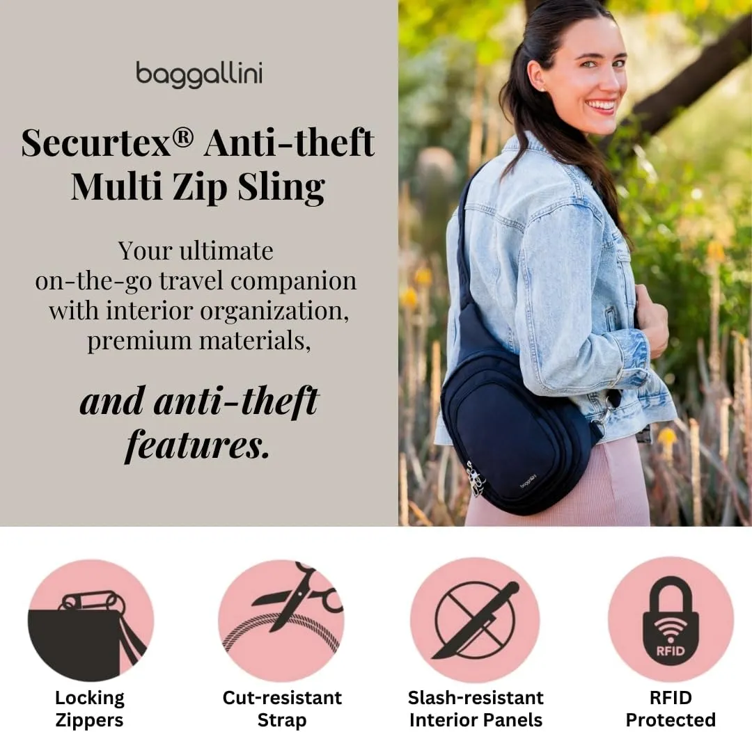 Baggallini Securtex® Anti-Theft Triple Zip Sling - Travel Backpack Sling Bag Crossbody - RFID Wallet Locking Zipper