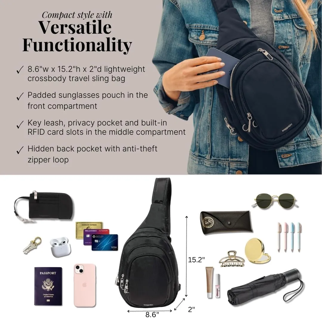 Baggallini Securtex® Anti-Theft Triple Zip Sling - Travel Backpack Sling Bag Crossbody - RFID Wallet Locking Zipper