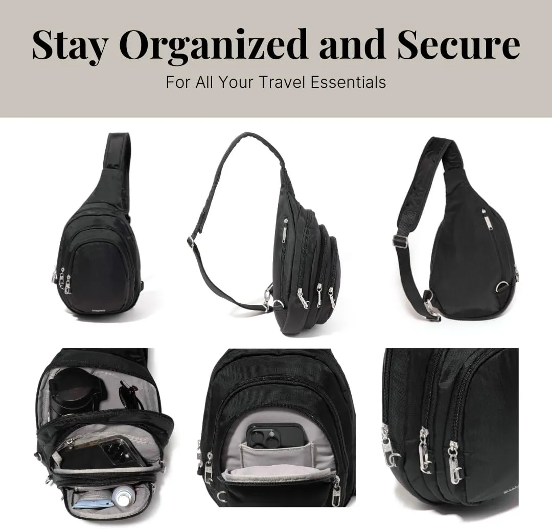 Baggallini Securtex® Anti-Theft Triple Zip Sling - Travel Backpack Sling Bag Crossbody - RFID Wallet Locking Zipper