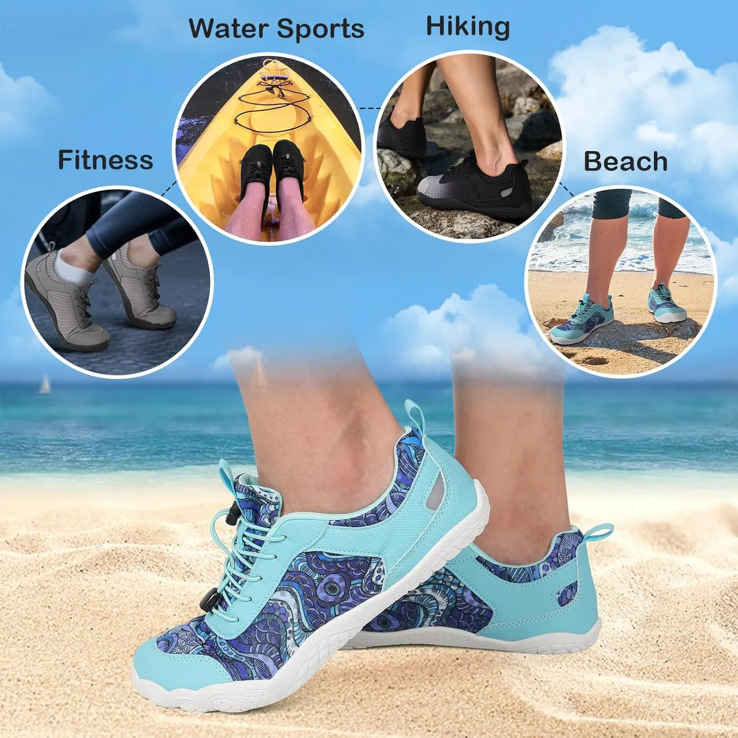 BARERUN Water Shoes Women Men Quick-Dry Wide Toe Athletic Hiking Water Sports Shoes Adjustable Zero Drop Barefoot Shoes for Beach Swim Kayaking Surfing Walking Training