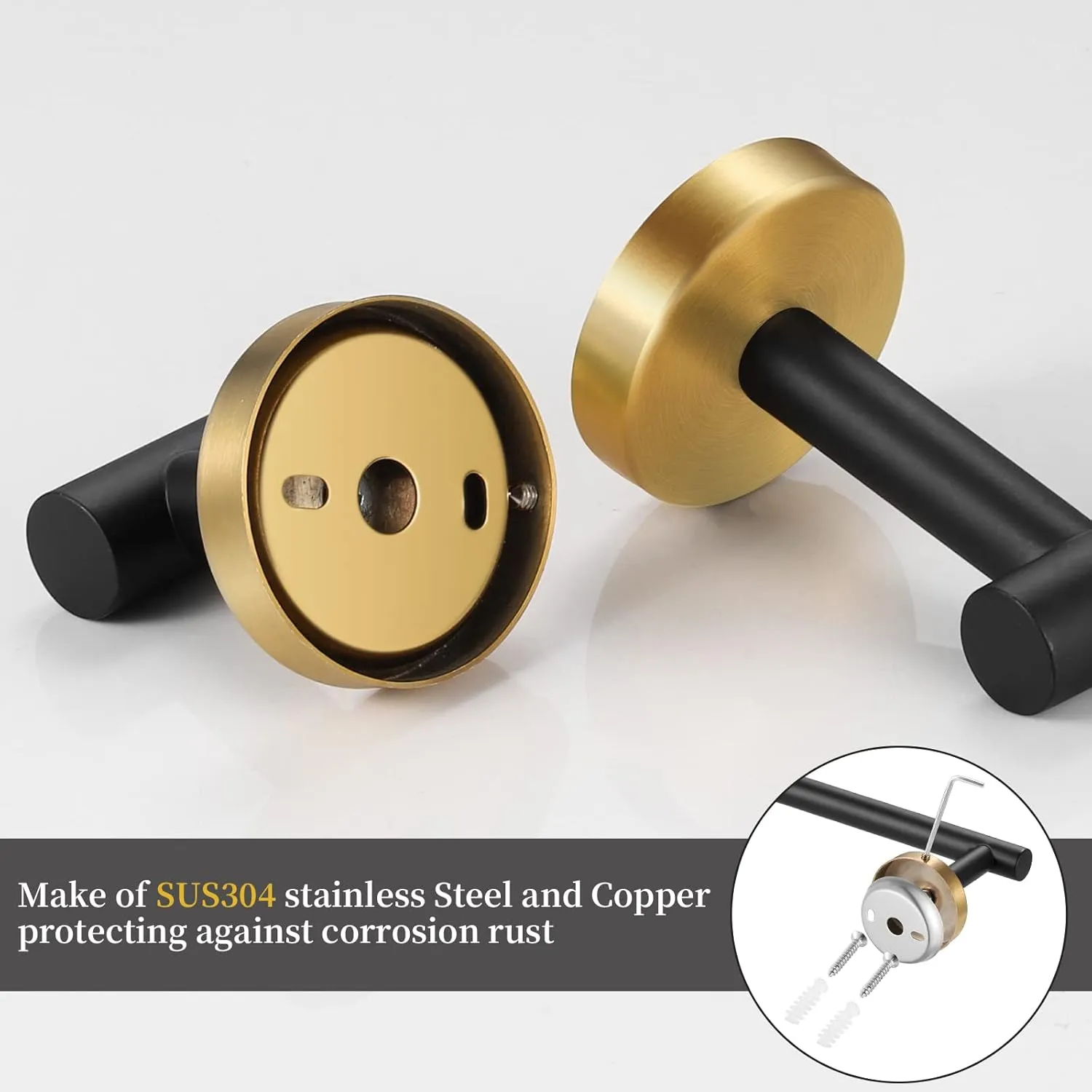 Bathroom Hardware Set Black and Gold，Towel Bar Set Including 2pcs 16inch Towel Bars, 2pcs Toilet Paper Holders, 2pcs Towel Rings and 4pcs Robe Towel Hooks