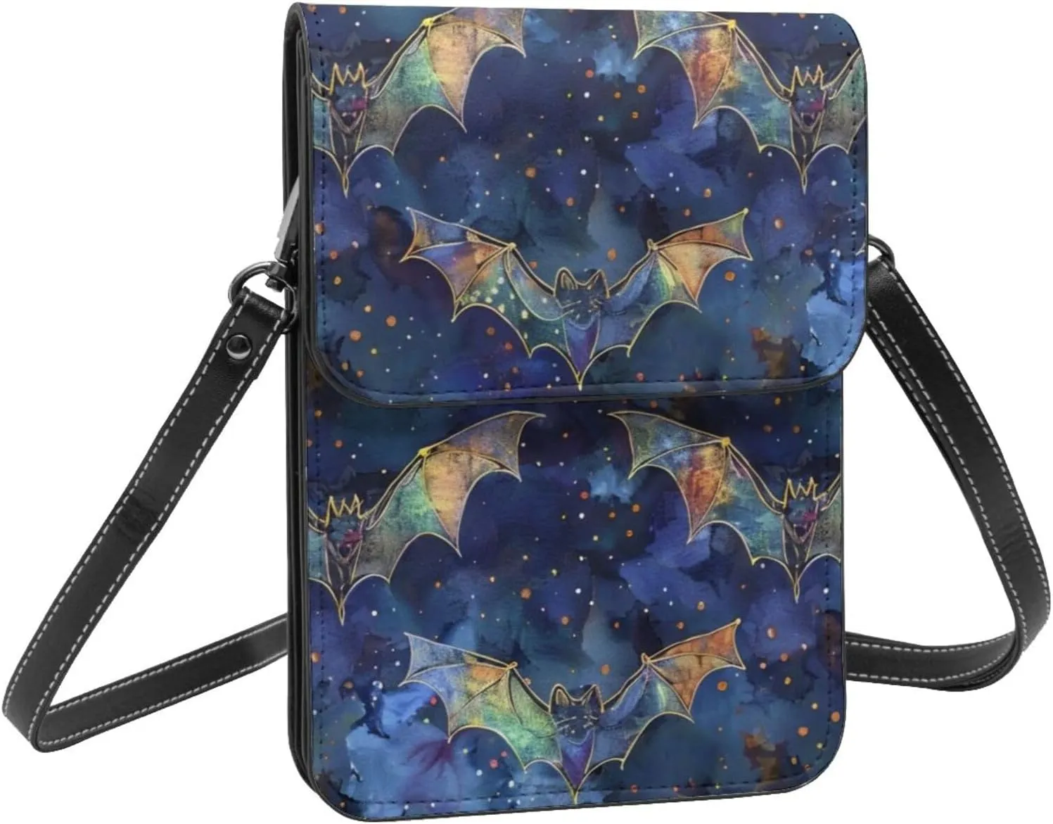 Bats halloween mystery watercolor style dark crossbody cell phone purse for womens lightweight small soft leather fashion travel wallet with adjustable strap