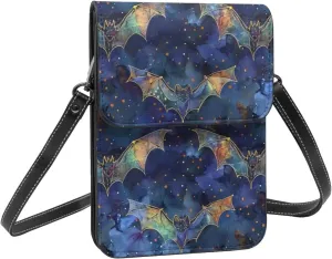 Bats halloween mystery watercolor style dark crossbody cell phone purse for womens lightweight small soft leather fashion travel wallet with adjustable strap