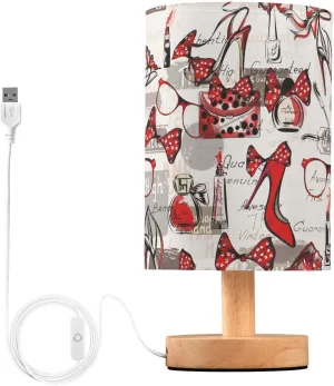 Bedside Lamp High Heels Glasses Bags Lipstick Perfumes Table LED Nightstand Desk USB Charging Ports Linen Fabric Shade for Bedroom Living Room Office