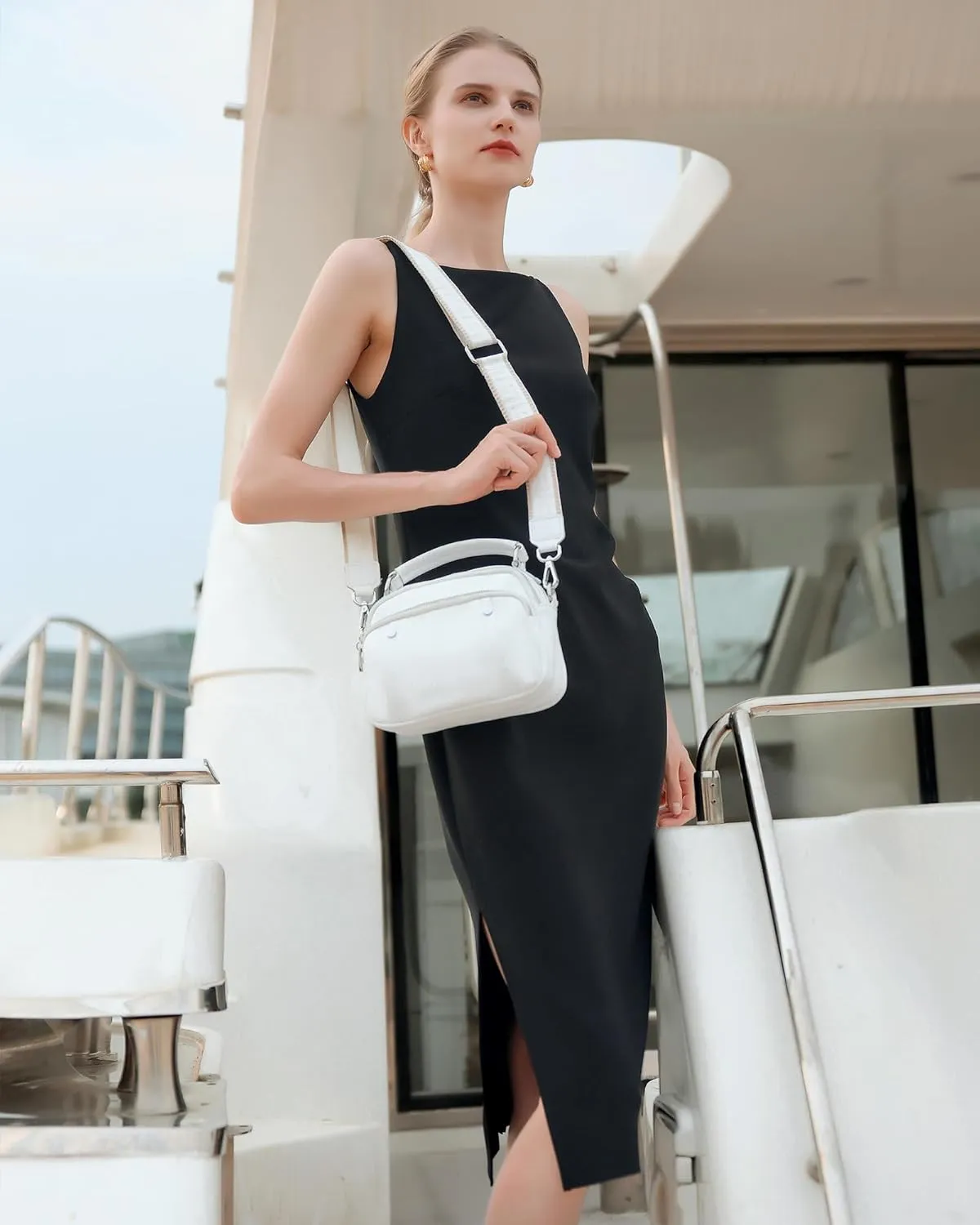 befen Small Genuine Leather Camera Crossbody Bags for Women Triple Zip Cross Body Purses Handbag with Wide Strap