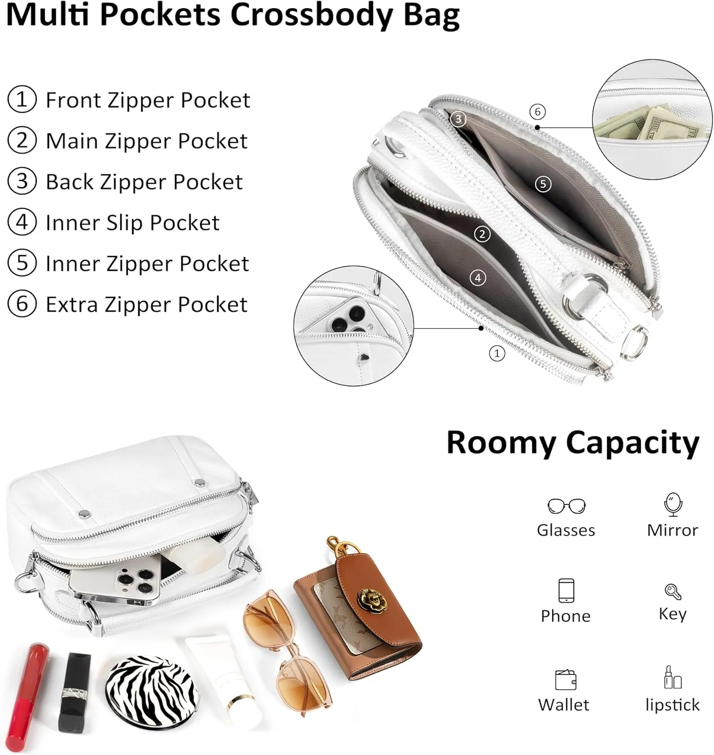 befen Small Genuine Leather Camera Crossbody Bags for Women Triple Zip Cross Body Purses Handbag with Wide Strap