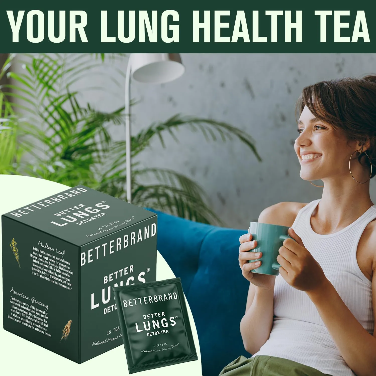 Betterbrand BetterLungs Detox Tea – Herbal Tea for Respiratory Support | Mullein Leaf & Herbal Blend for Lung Health & Wellness | Caffeine-Free | 15 Tea Bags