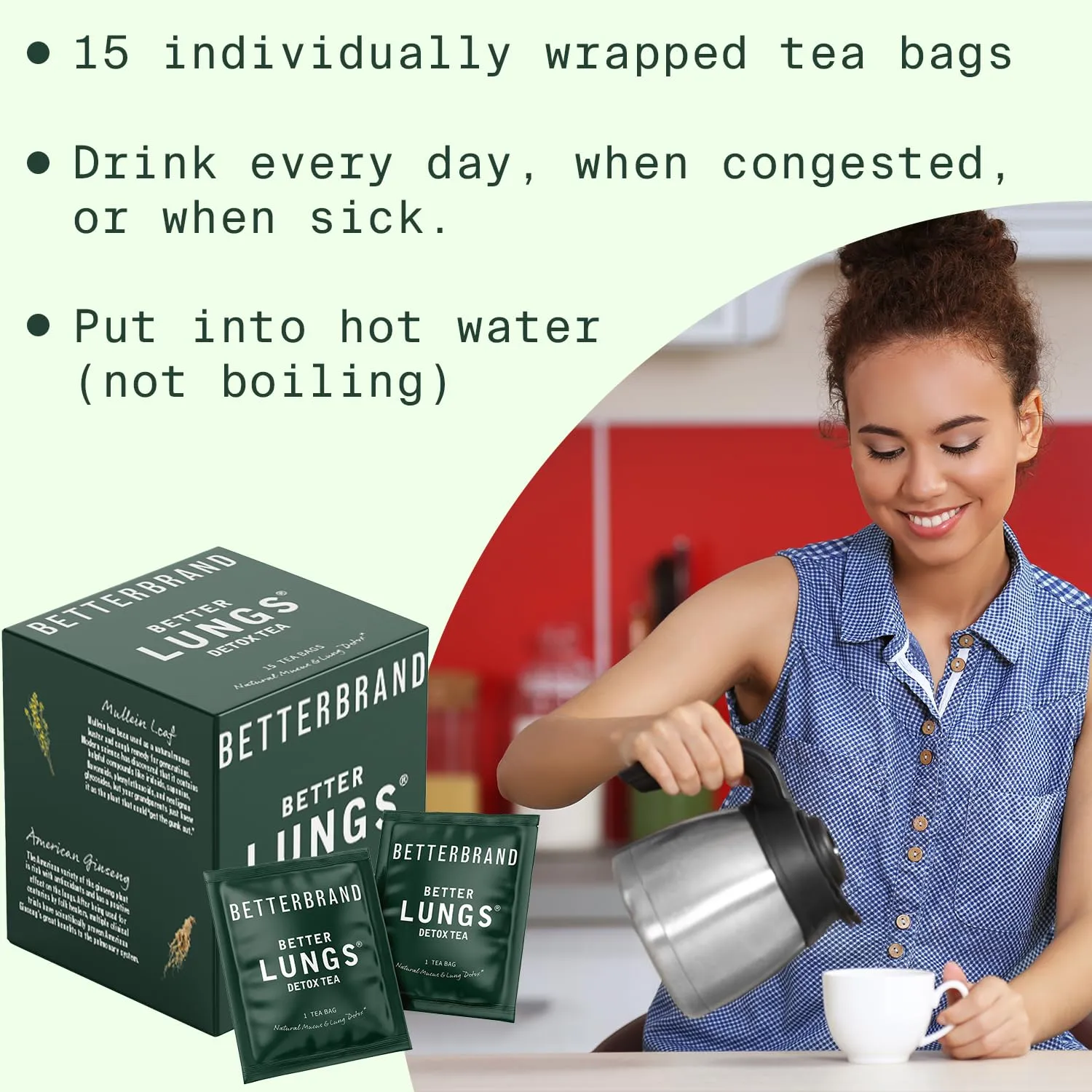 Betterbrand BetterLungs Detox Tea – Herbal Tea for Respiratory Support | Mullein Leaf & Herbal Blend for Lung Health & Wellness | Caffeine-Free | 15 Tea Bags