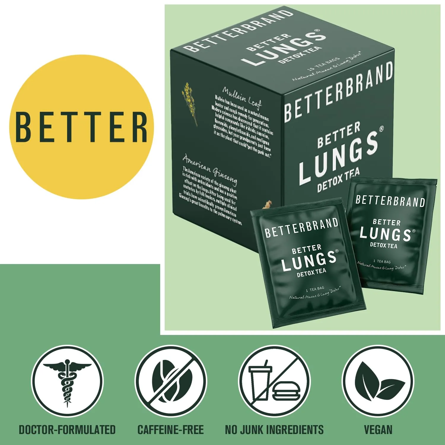 Betterbrand BetterLungs Detox Tea – Herbal Tea for Respiratory Support | Mullein Leaf & Herbal Blend for Lung Health & Wellness | Caffeine-Free | 15 Tea Bags