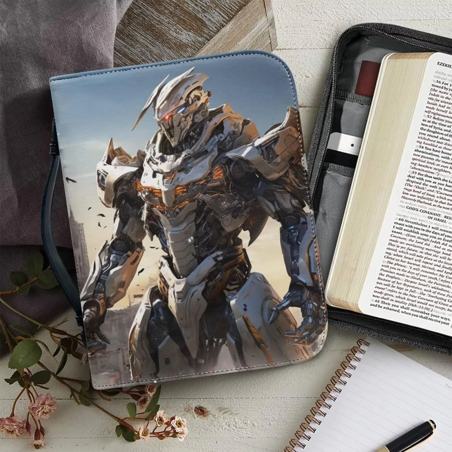 Bible Covers for Boys Kids PU Leather Bible Study Bag Bible Protective Bible Carrying Case Carrier Crossbody Bag Bible Hand Bag Bible Accessories,Robot Soldier,L