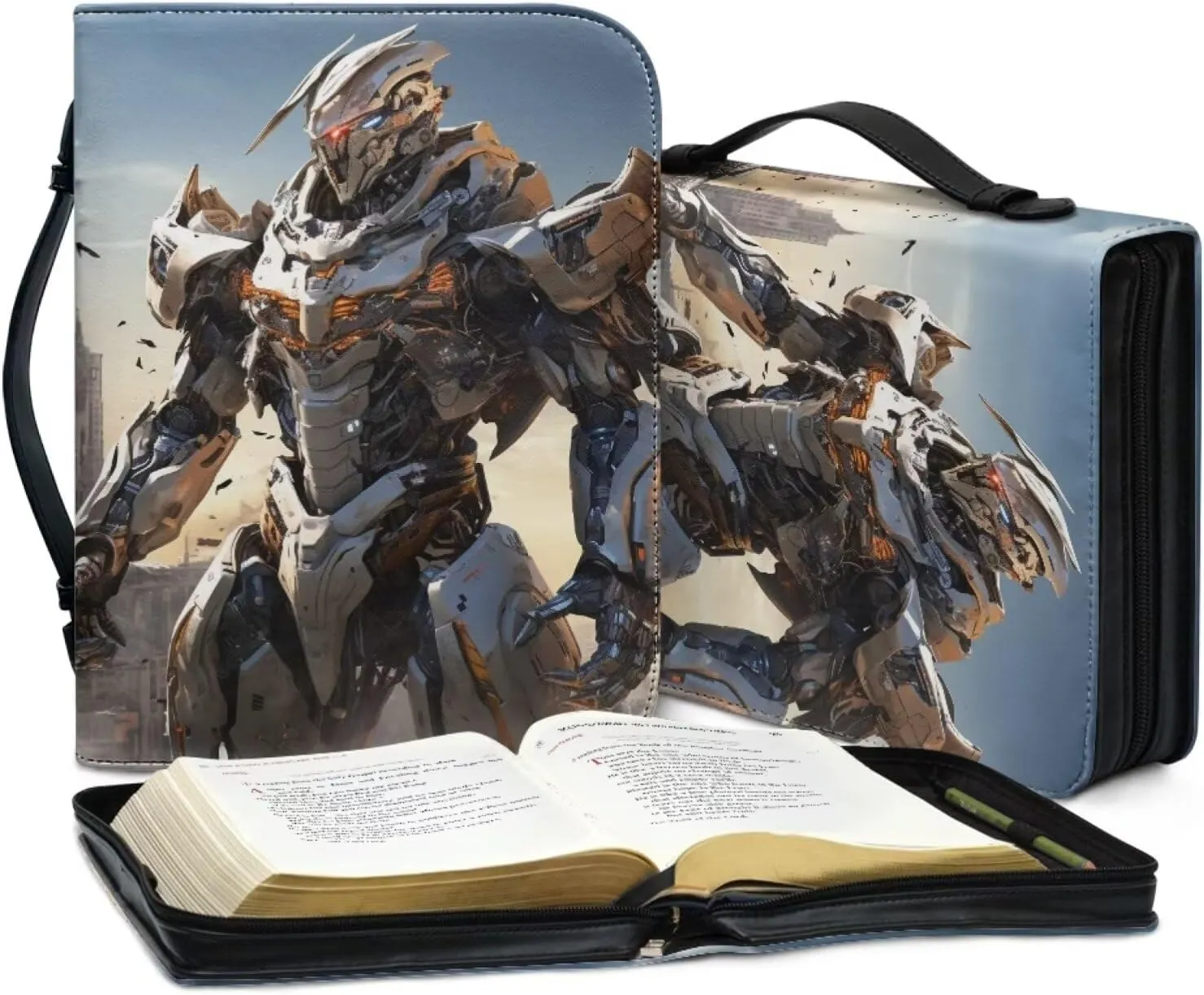Bible Covers for Boys Kids PU Leather Bible Study Bag Bible Protective Bible Carrying Case Carrier Crossbody Bag Bible Hand Bag Bible Accessories,Robot Soldier,L