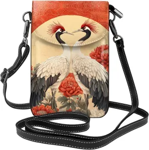 Bird Crane Peony Painting Small Crossbody Bags for Women Travel Cell Phone Pouch PU Leather Cross Body Bag Adjustable Shoulder Strap Phone Purses Lightweight Wallet Purse with Credit Card Slots