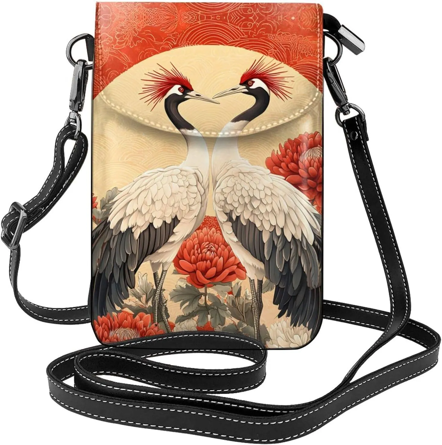 Bird Crane Peony Painting Small Crossbody Bags for Women Travel Cell Phone Pouch PU Leather Cross Body Bag Adjustable Shoulder Strap Phone Purses Lightweight Wallet Purse with Credit Card Slots