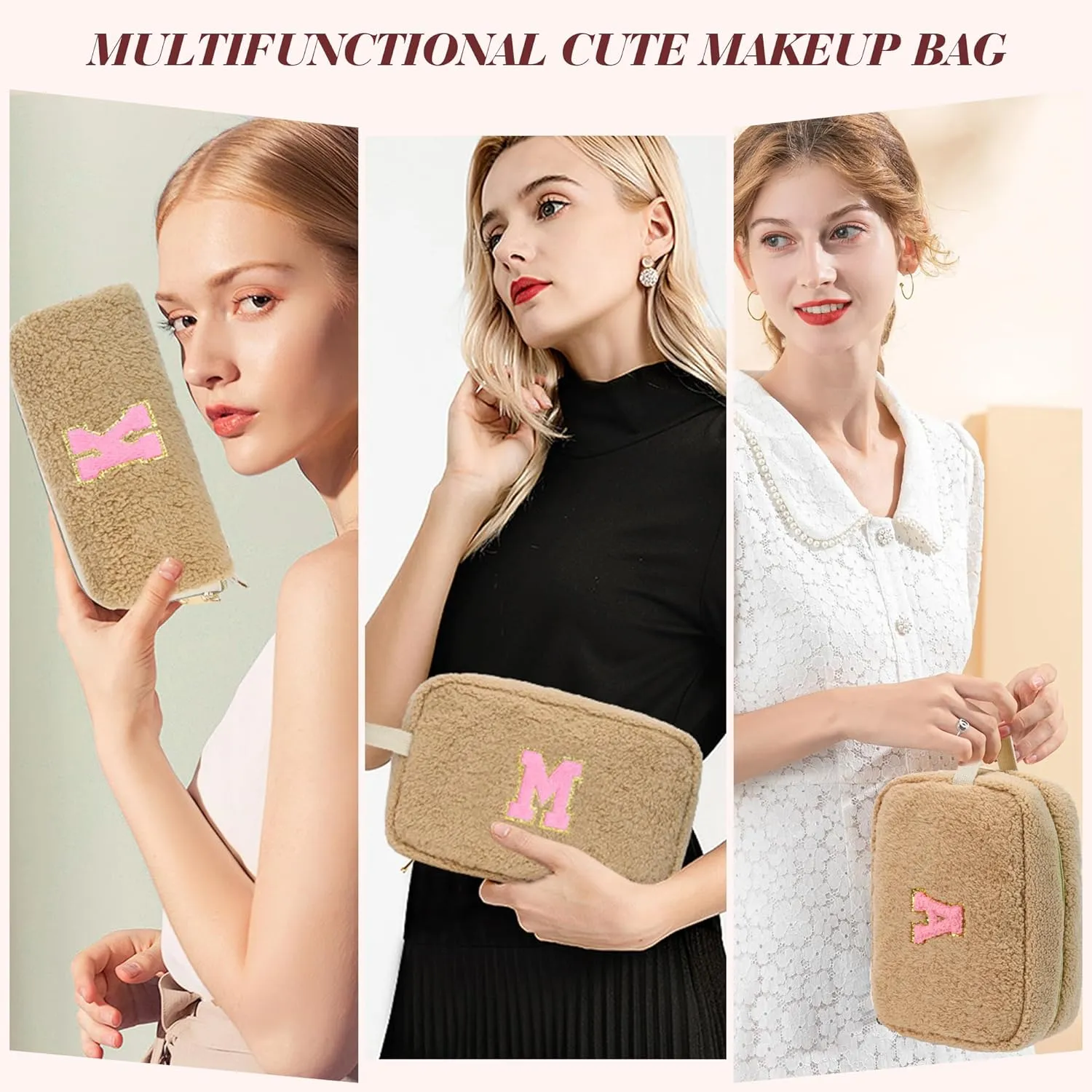 Birthday Gifts for Women, Personalized Initial Cosmetic Bag Pouch for Teen Girls, Preppy Makeup Travel Bags for Daughter Sister Girlfriend, Monogramed Make Up Pouch for Graduation Gifts, Brown L