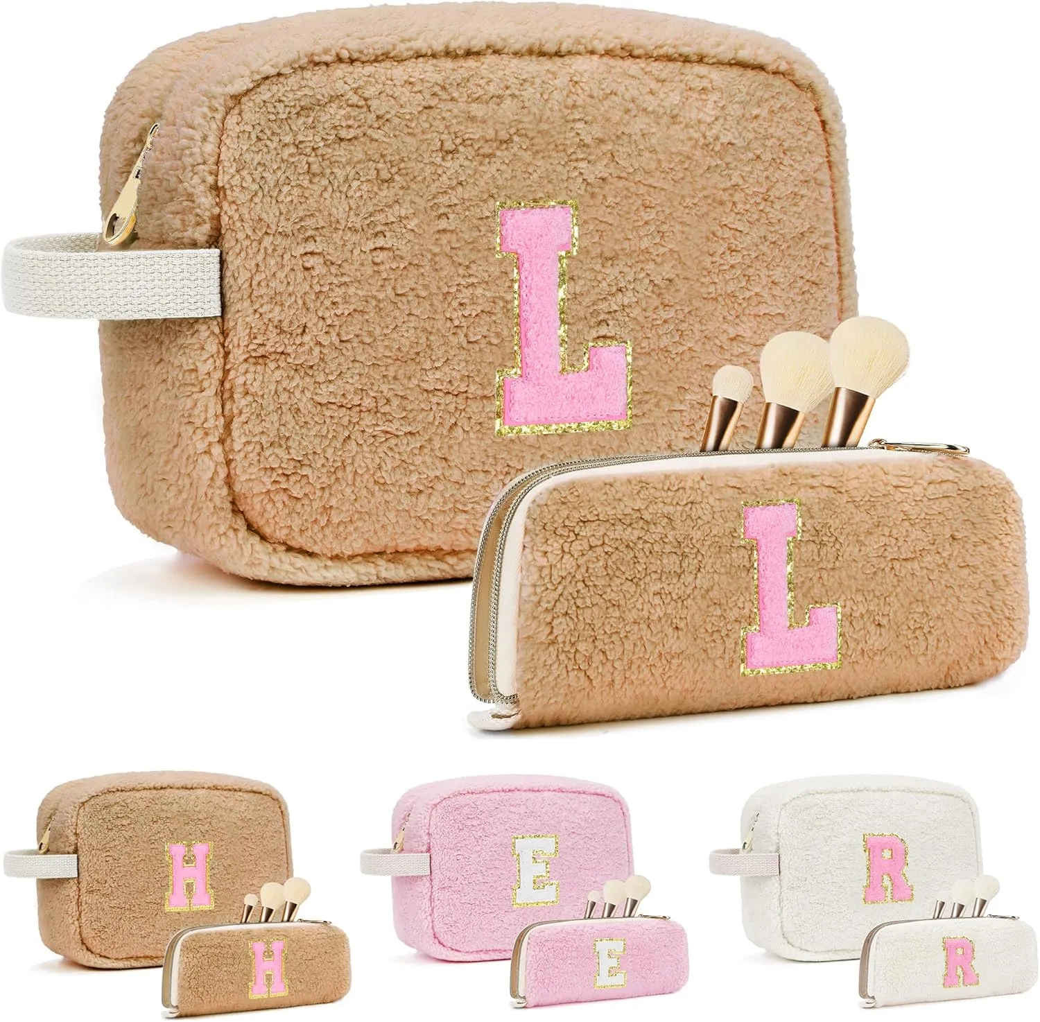 Birthday Gifts for Women, Personalized Initial Cosmetic Bag Pouch for Teen Girls, Preppy Makeup Travel Bags for Daughter Sister Girlfriend, Monogramed Make Up Pouch for Graduation Gifts, Brown L