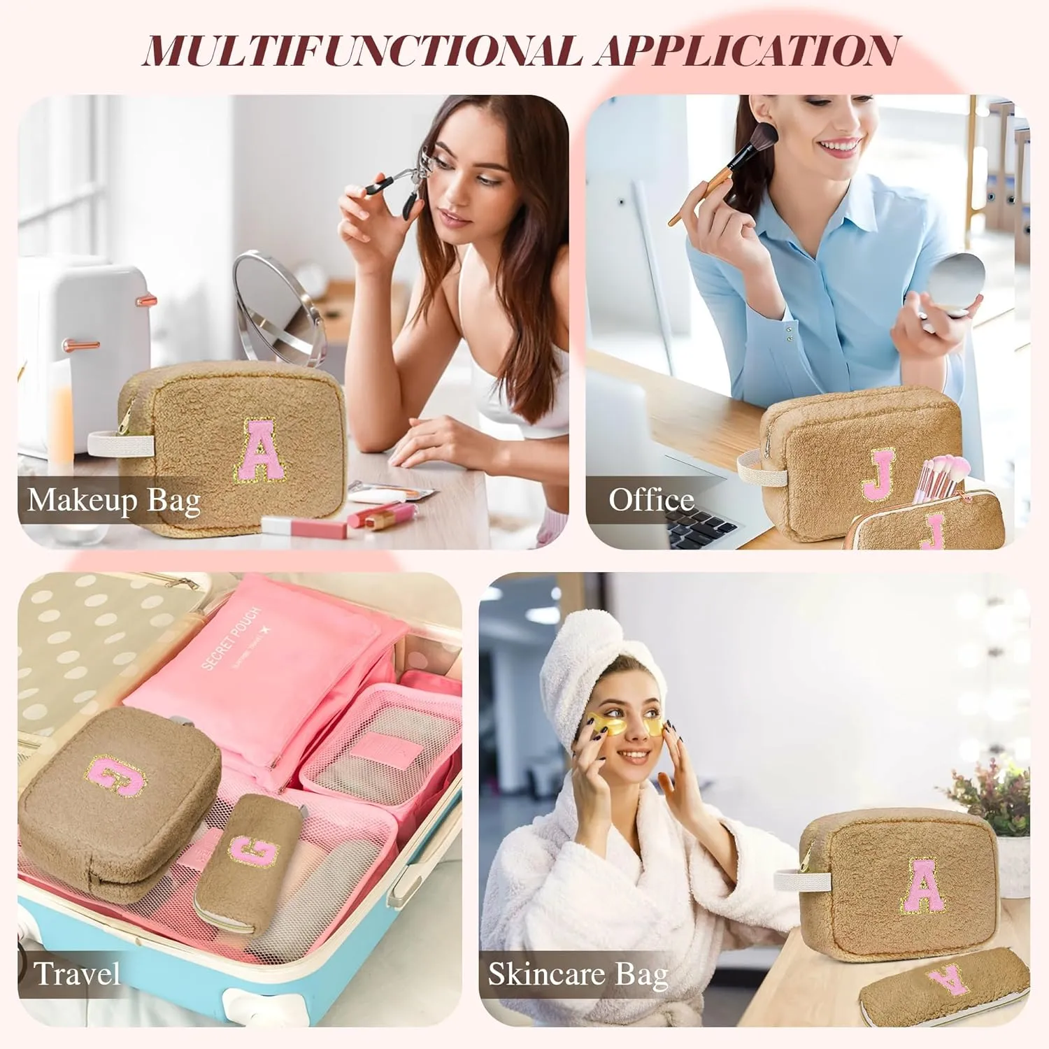 Birthday Gifts for Women, Personalized Initial Cosmetic Bag Pouch for Teen Girls, Preppy Makeup Travel Bags for Daughter Sister Girlfriend, Monogramed Make Up Pouch for Graduation Gifts, Brown L