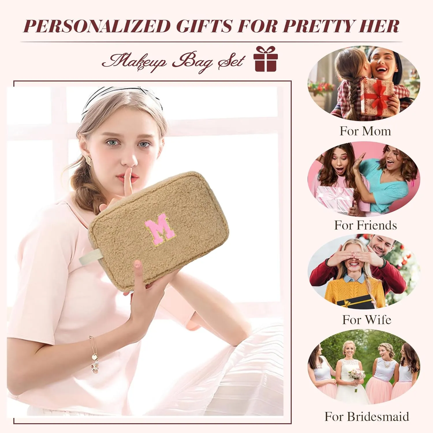 Birthday Gifts for Women, Personalized Initial Cosmetic Bag Pouch for Teen Girls, Preppy Makeup Travel Bags for Daughter Sister Girlfriend, Monogramed Make Up Pouch for Graduation Gifts, Brown L