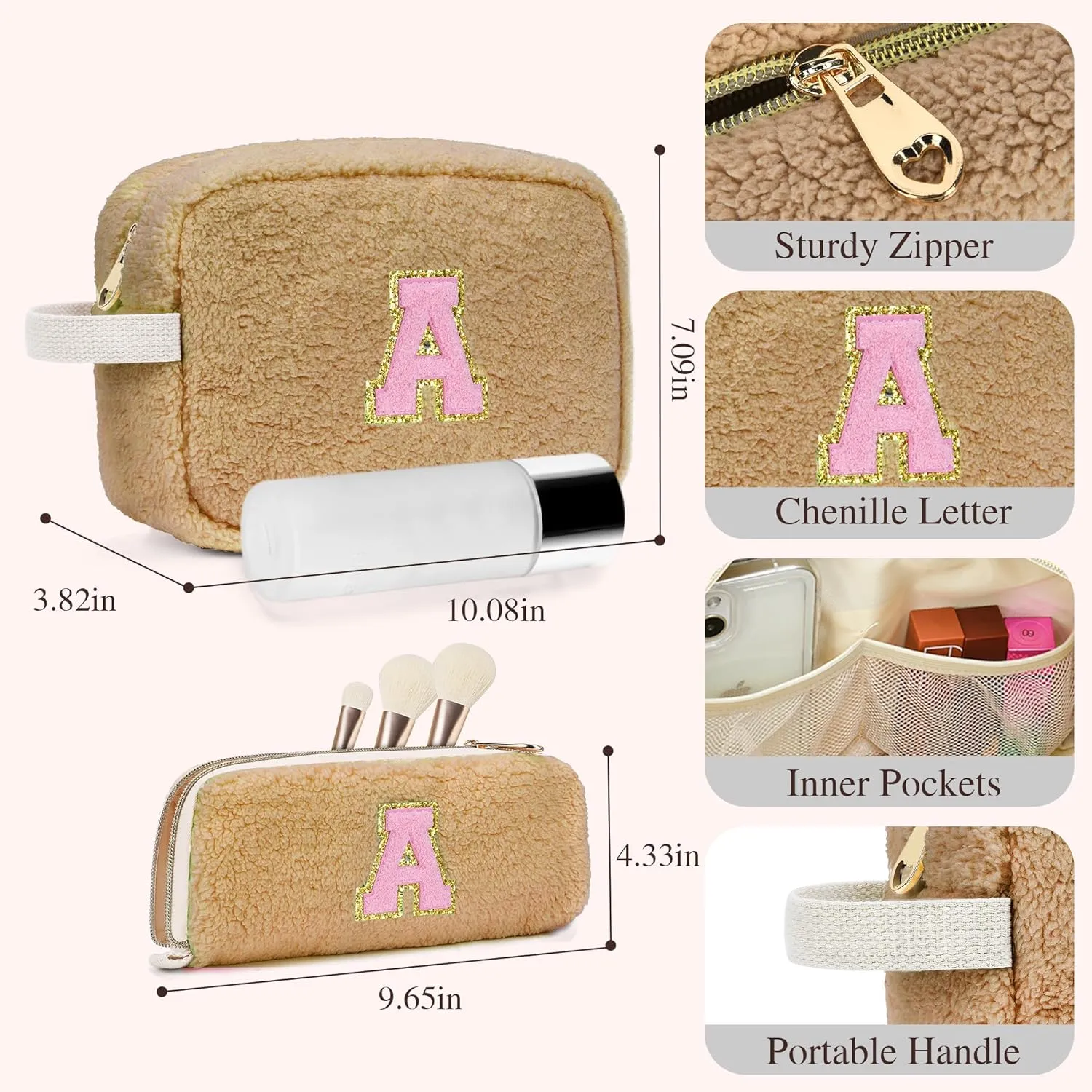 Birthday Gifts for Women, Personalized Initial Cosmetic Bag Pouch for Teen Girls, Preppy Makeup Travel Bags for Daughter Sister Girlfriend, Monogramed Make Up Pouch for Graduation Gifts, Brown L