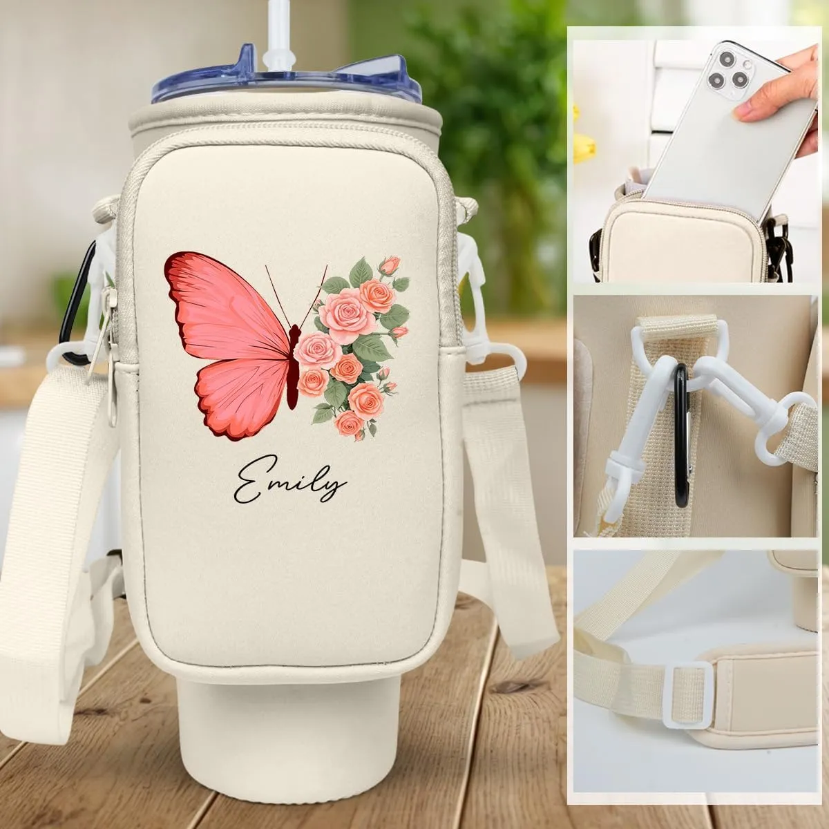 Birthmonth Flower Bottle Carrier Bag - Personalized Pouch Holder for 40Oz Tumbler with Strap and Zipper Pocket for Phone and Accessories, Gifts for Women Friends Sisters Bridemaids (B05)