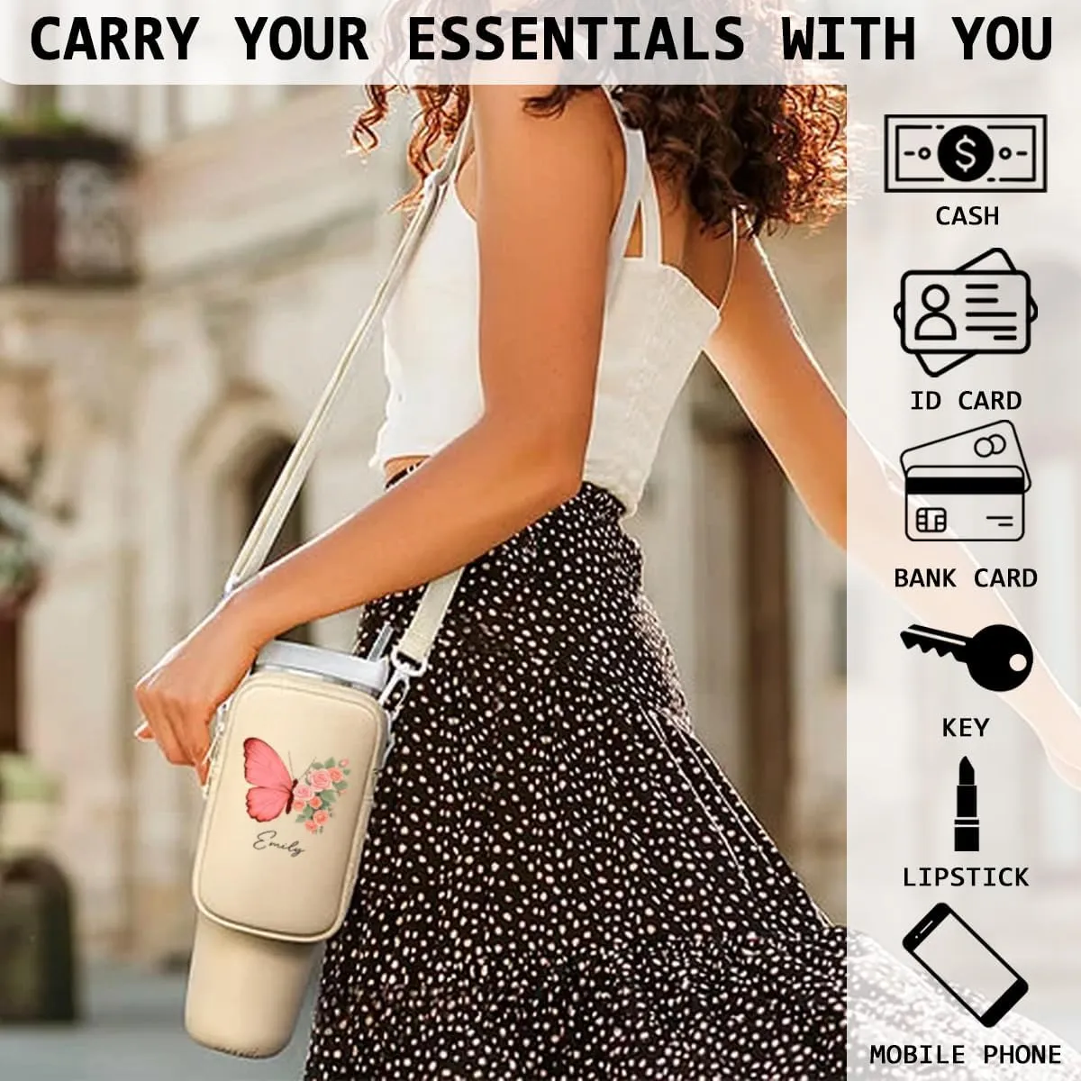 Birthmonth Flower Bottle Carrier Bag - Personalized Pouch Holder for 40Oz Tumbler with Strap and Zipper Pocket for Phone and Accessories, Gifts for Women Friends Sisters Bridemaids (B05)