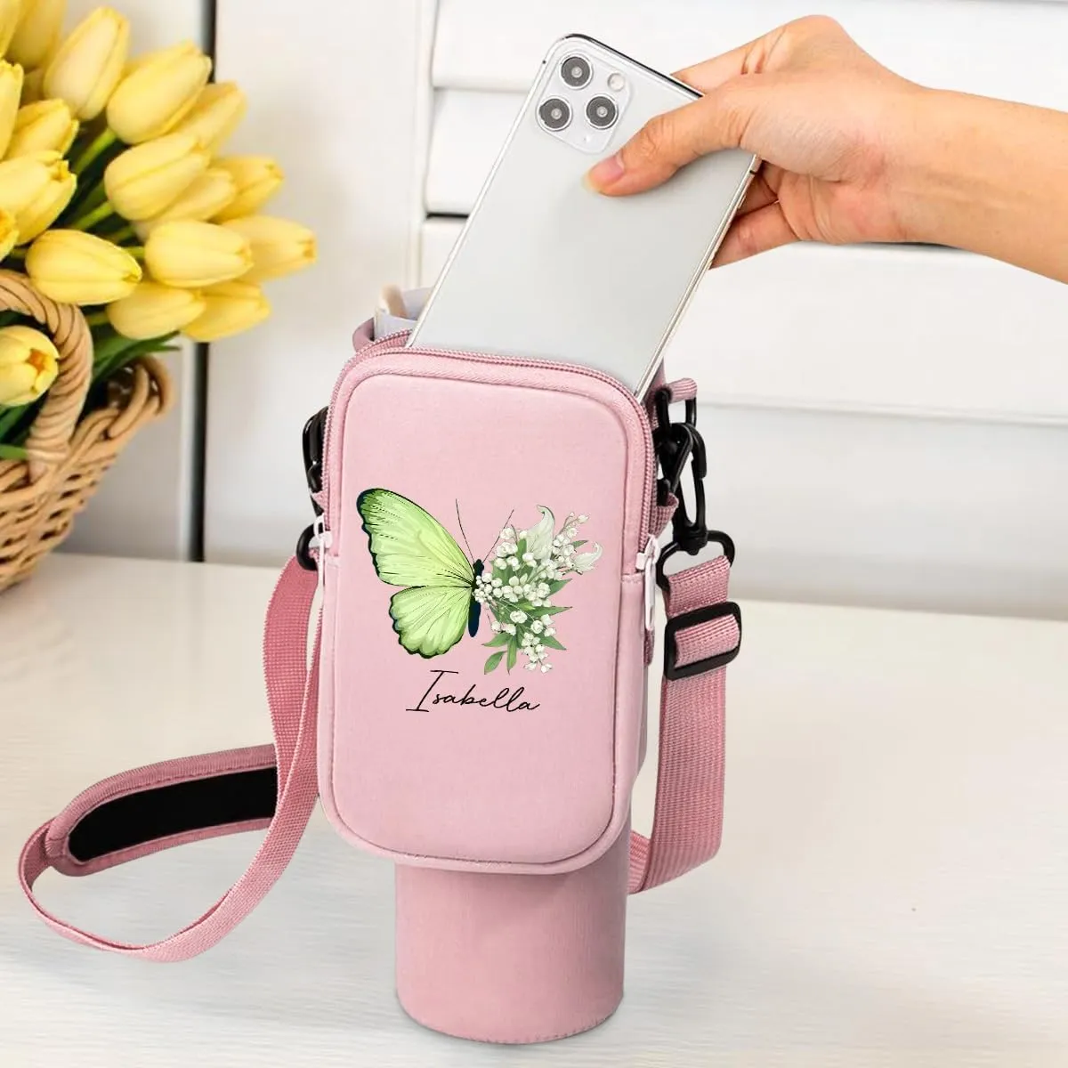 Birthmonth Flower Bottle Carrier Bag - Personalized Pouch Holder for 40Oz Tumbler with Strap and Zipper Pocket for Phone and Accessories, Gifts for Women Friends Sisters Bridemaids (B05)
