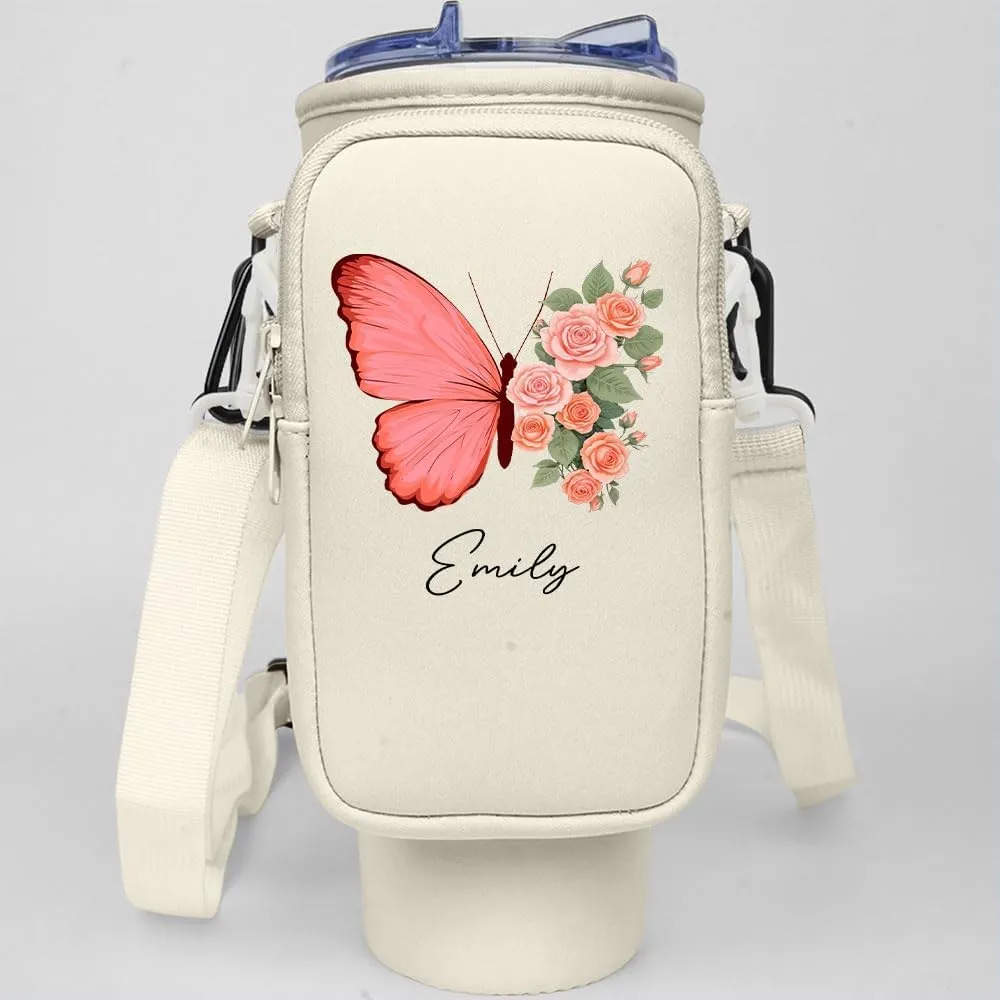 Birthmonth Flower Bottle Carrier Bag - Personalized Pouch Holder for 40Oz Tumbler with Strap and Zipper Pocket for Phone and Accessories, Gifts for Women Friends Sisters Bridemaids (B05)