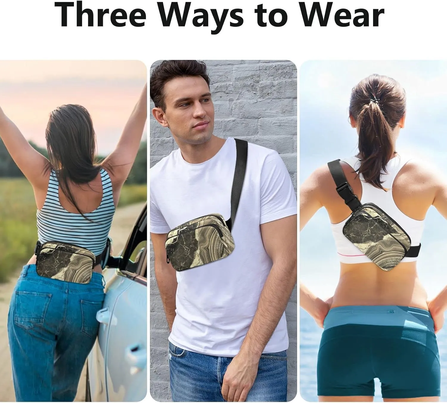 Black Gold Marble Stone Marbled Texture Mosaic with Golden Veins Adjustable Belt Running Bag, Crossbody Fanny Pack Waist Runners Bag Tote for Women Men Sports Hiking Fitness Exercise Gym Pouch
