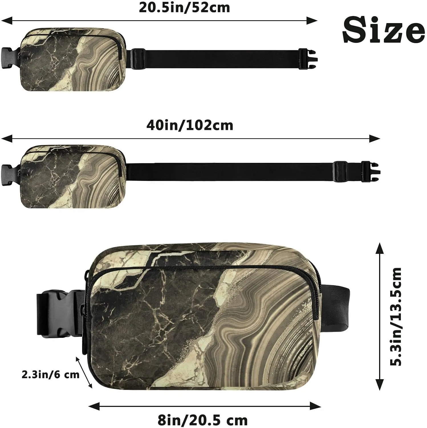 Black Gold Marble Stone Marbled Texture Mosaic with Golden Veins Adjustable Belt Running Bag, Crossbody Fanny Pack Waist Runners Bag Tote for Women Men Sports Hiking Fitness Exercise Gym Pouch