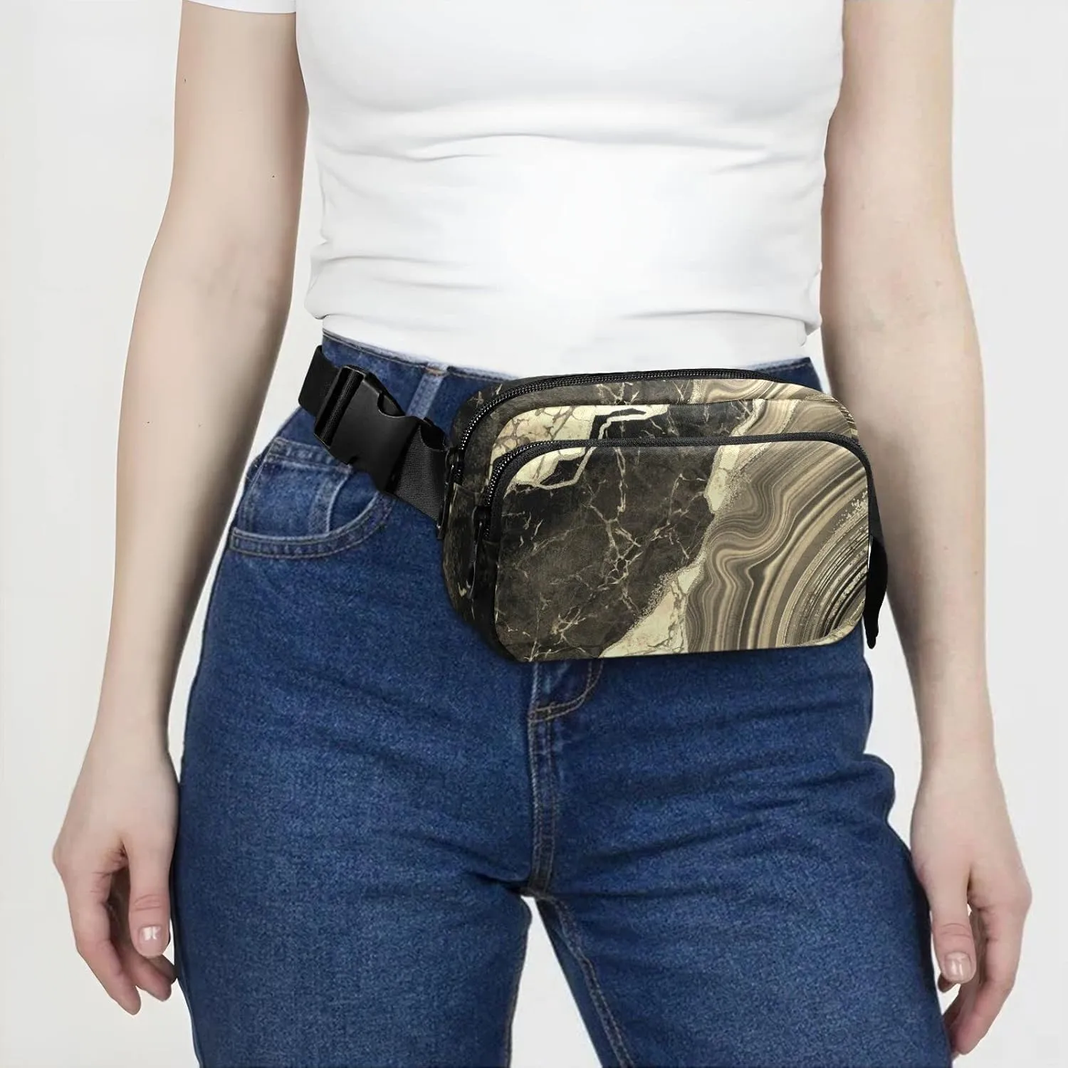 Black Gold Marble Stone Marbled Texture Mosaic with Golden Veins Adjustable Belt Running Bag, Crossbody Fanny Pack Waist Runners Bag Tote for Women Men Sports Hiking Fitness Exercise Gym Pouch