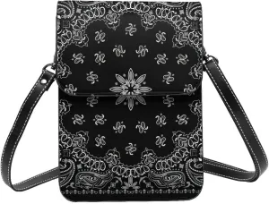 Black Paisley Bandana Pattern Small Cross Body Bags For Women, Leather Cell Phone Purse With Adjustable Strap