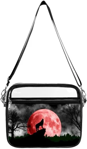 Blood Red Moon Wolf Clear Crossbody Bag with Adjustable Shoulder Strap PVC Clear Purse Messenger Bag for Men Women