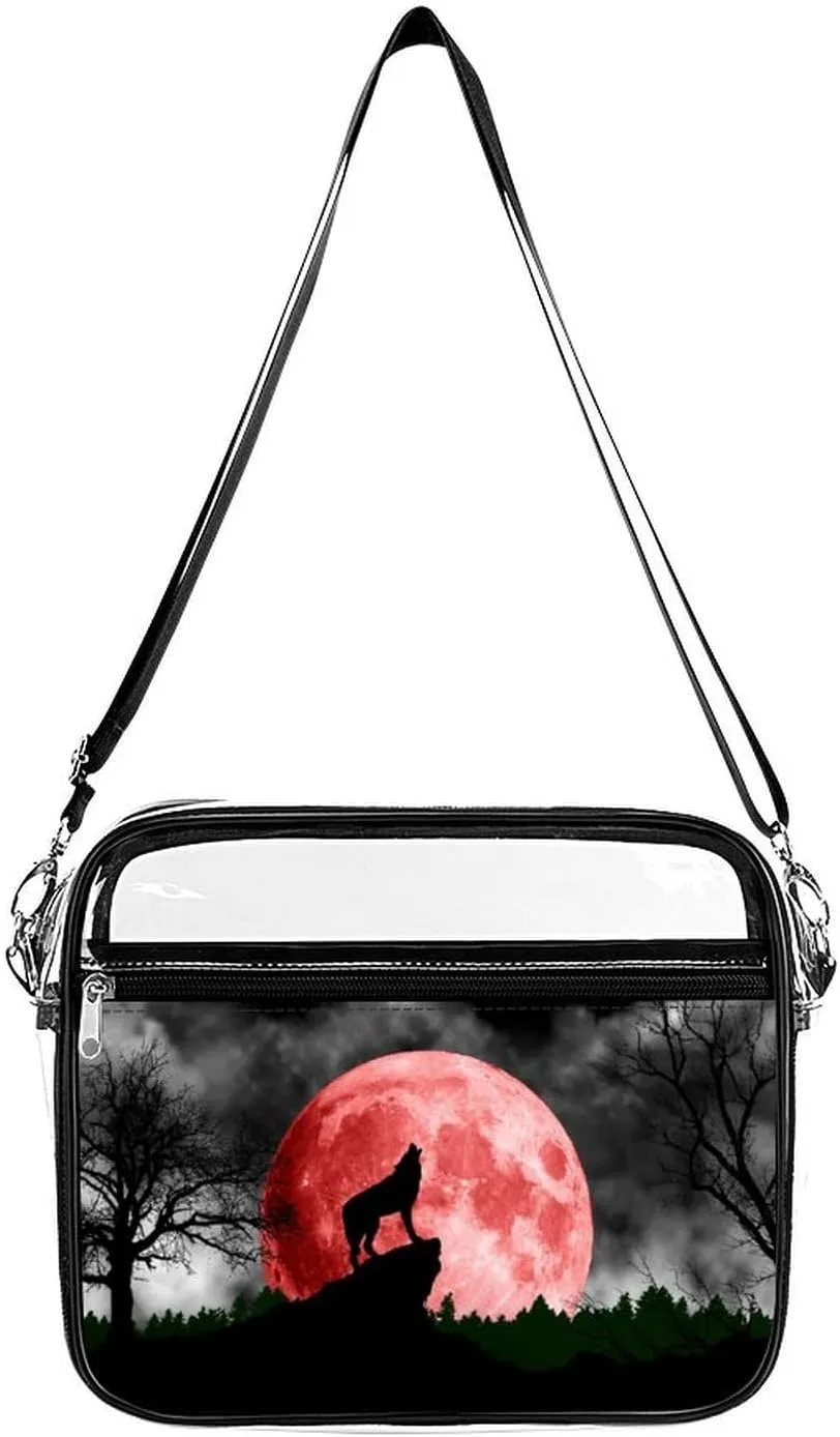 Blood Red Moon Wolf Clear Crossbody Bag with Adjustable Shoulder Strap PVC Clear Purse Messenger Bag for Men Women