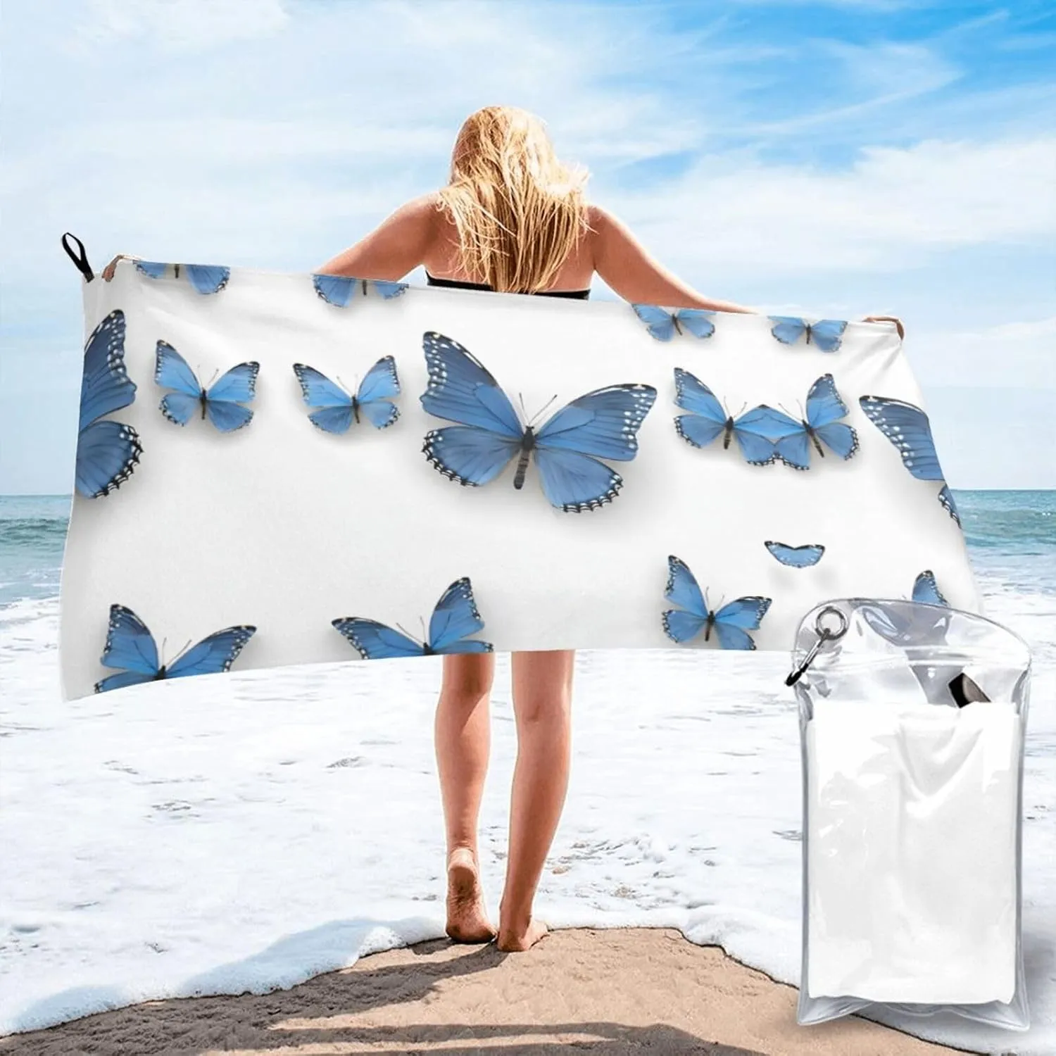 Blue Butterfly On Blossom Flower Premium Compact Microfiber Travel Towel-Featherlight & Quick Dry,Sand-Resistant Beach Towel for Swimming,Camping,Vacation Essentials with Carry Pouch