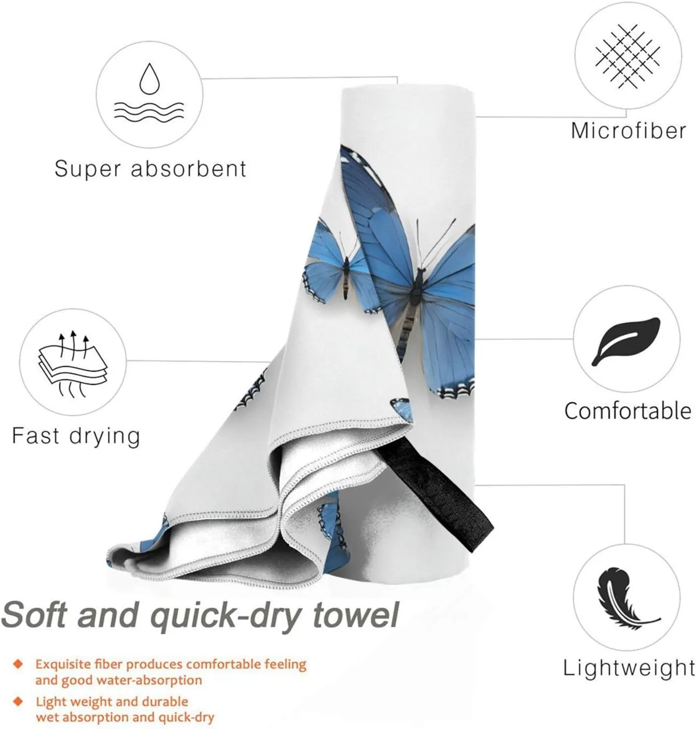 Blue Butterfly On Blossom Flower Premium Compact Microfiber Travel Towel-Featherlight & Quick Dry,Sand-Resistant Beach Towel for Swimming,Camping,Vacation Essentials with Carry Pouch