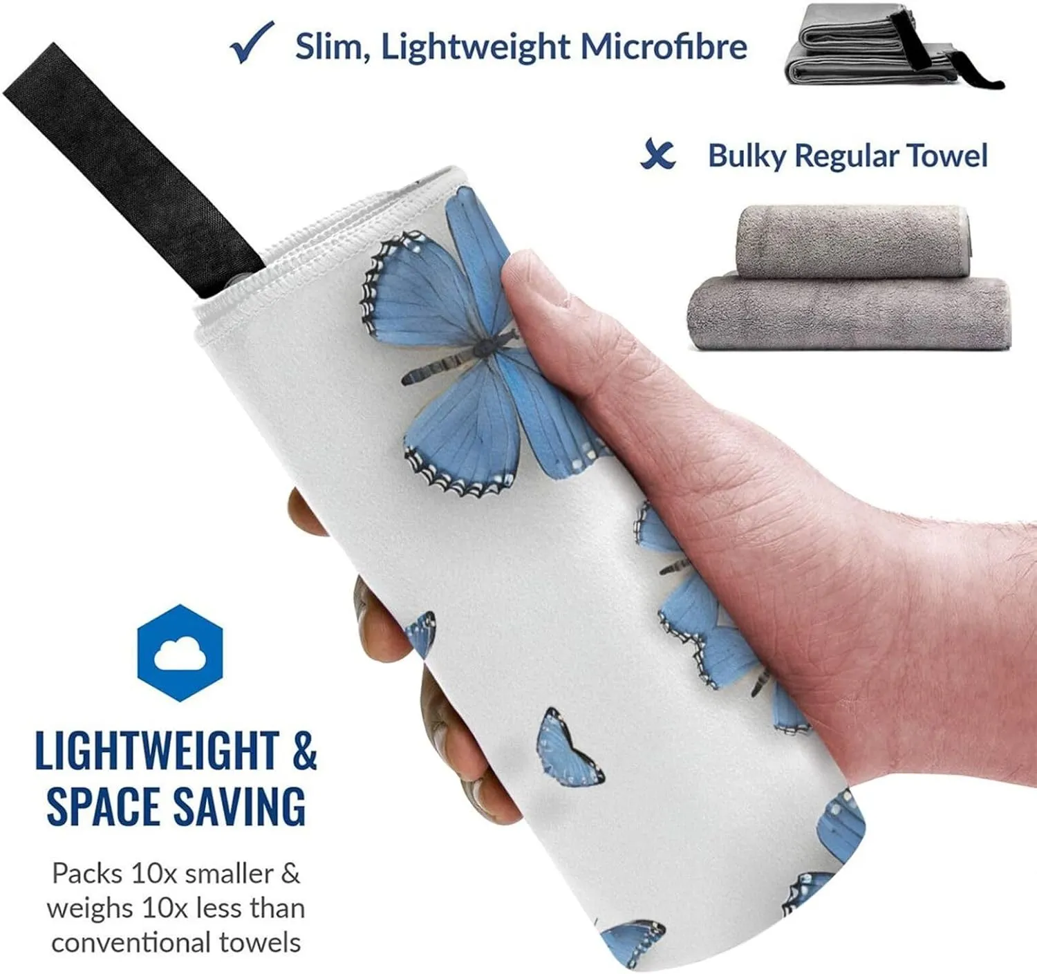Blue Butterfly On Blossom Flower Premium Compact Microfiber Travel Towel-Featherlight & Quick Dry,Sand-Resistant Beach Towel for Swimming,Camping,Vacation Essentials with Carry Pouch