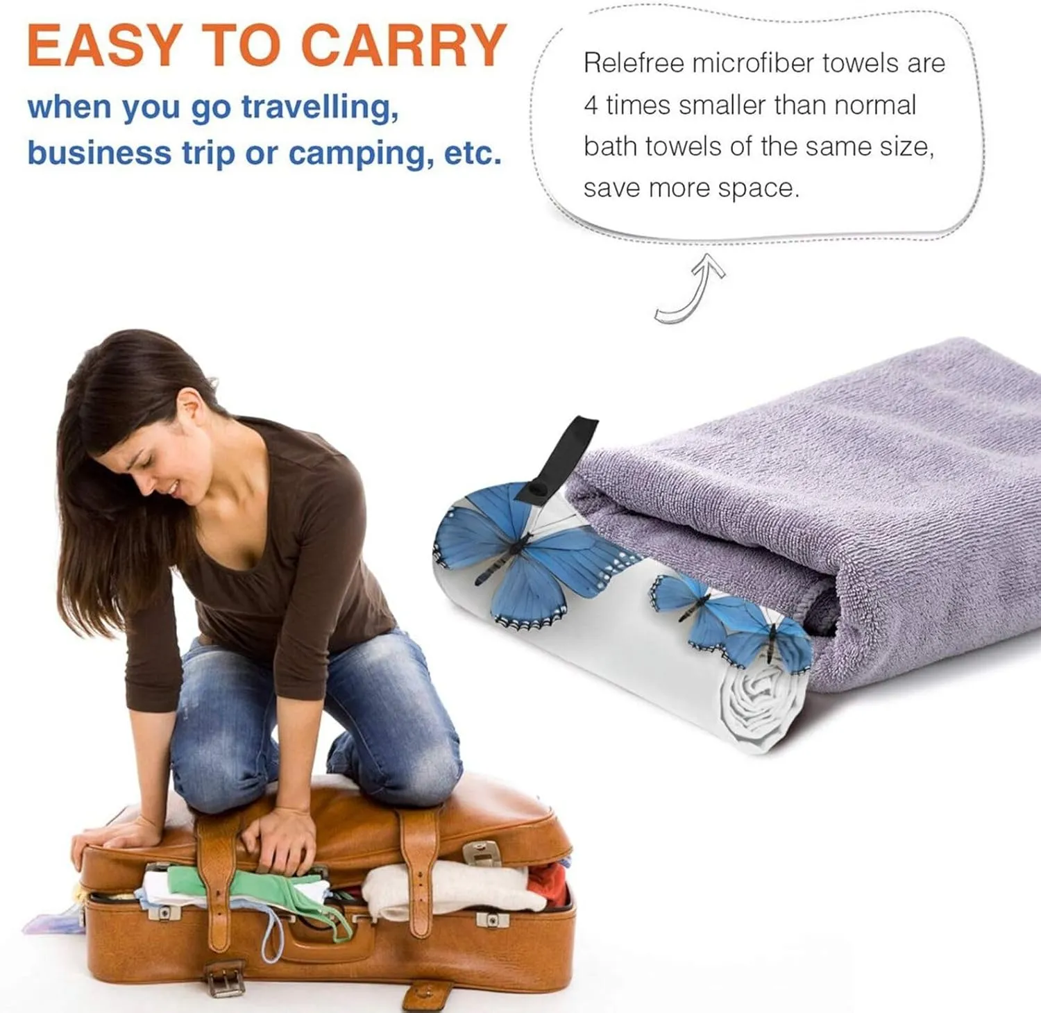 Blue Butterfly On Blossom Flower Premium Compact Microfiber Travel Towel-Featherlight & Quick Dry,Sand-Resistant Beach Towel for Swimming,Camping,Vacation Essentials with Carry Pouch