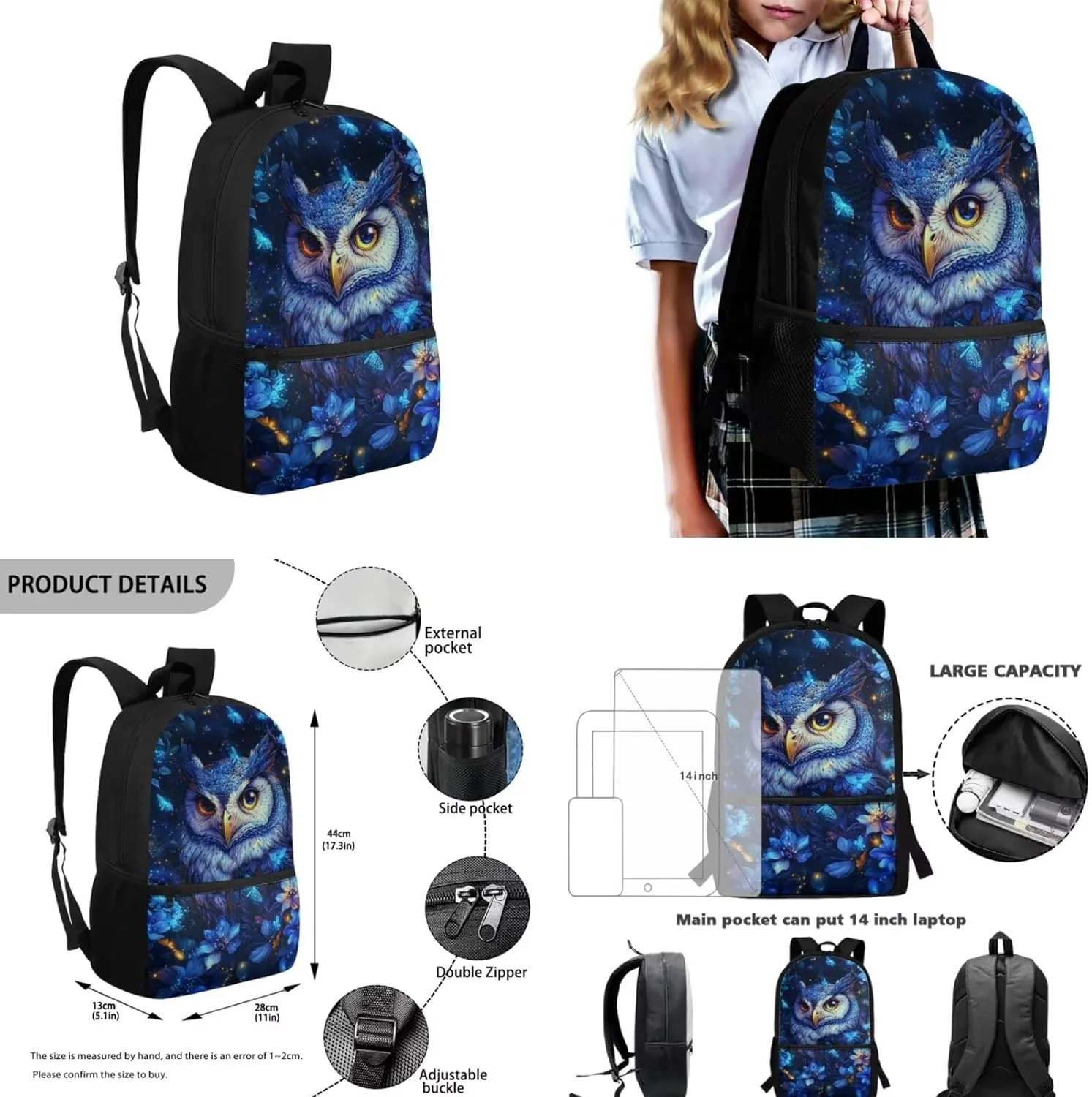 Blue Owl Kids School Backpack with Lunch Box Bag Girls 10-12 Lightweight Tote Bag with Water Bottle Pocket Pencil Pouch for School Picnic Vacation Travel Birthday Gifts for Students