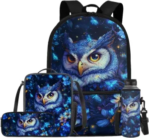 Blue Owl Kids School Backpack with Lunch Box Bag Girls 10-12 Lightweight Tote Bag with Water Bottle Pocket Pencil Pouch for School Picnic Vacation Travel Birthday Gifts for Students