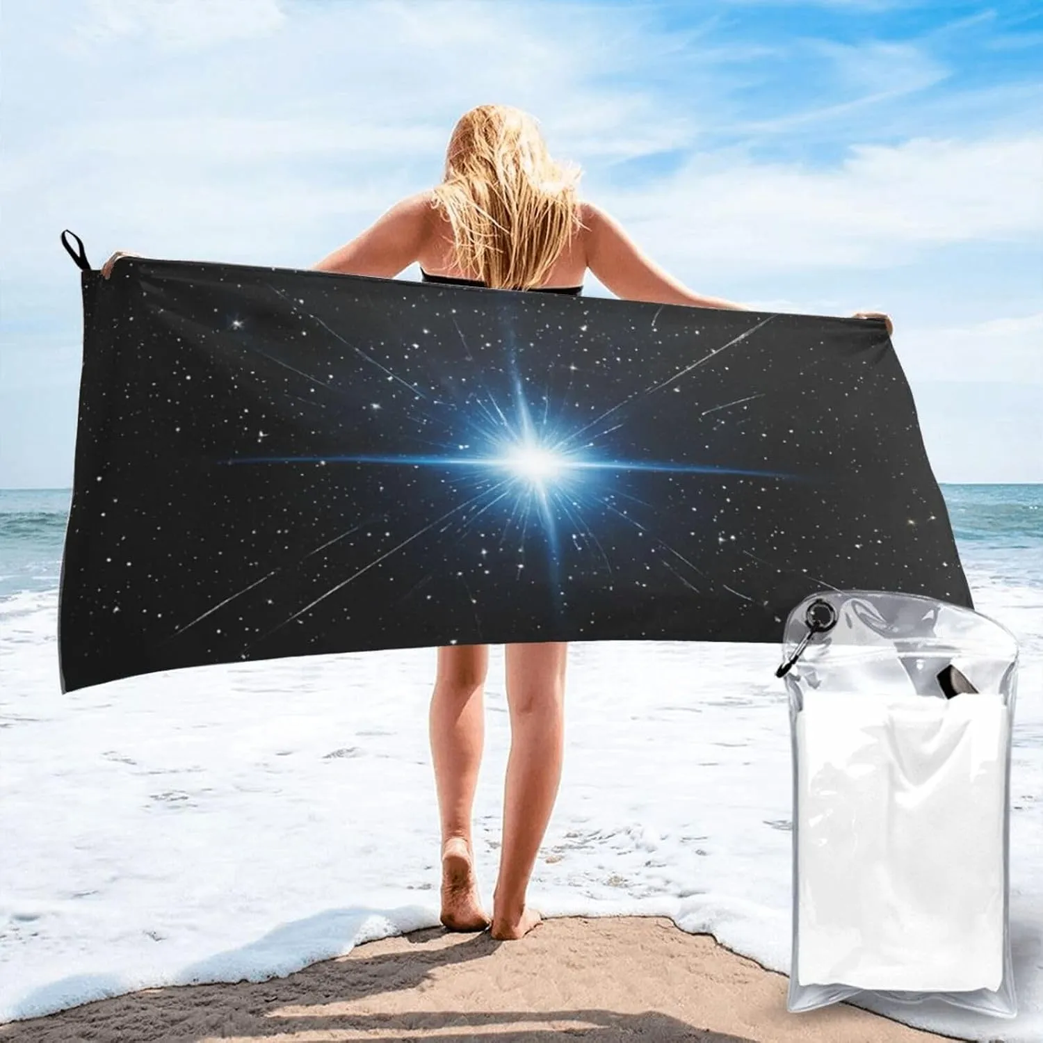 Blue Shining Stars Print Premium Compact Microfiber Travel Towel-Featherlight & Quick Dry,Sand-Resistant Beach Towel for Swimming,Camping,Vacation Essentials with Carry Pouch