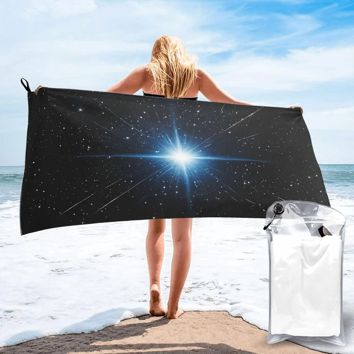 Blue Shining Stars Print Premium Compact Microfiber Travel Towel-Featherlight & Quick Dry,Sand-Resistant Beach Towel for Swimming,Camping,Vacation Essentials with Carry Pouch