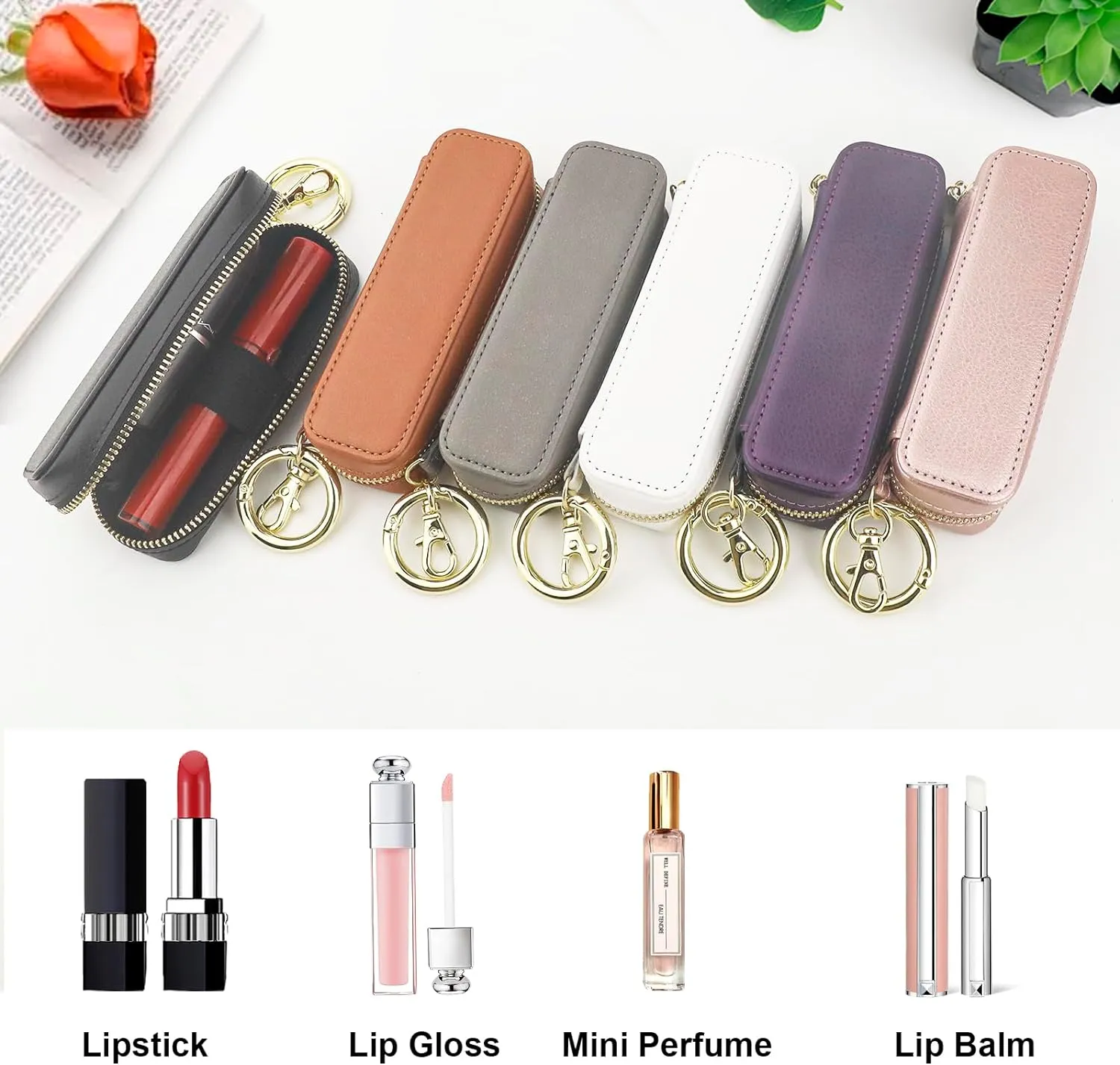 Bocasal Leather Lipstick Case Holder Chapstick Keychain Pouch, Zipper Lip Balm Lip Gloss Bag for Purse with Elastic Band, Makeup Travel Organizer, Cosmetic Storage Kit for Women Girls (Dark Purple)