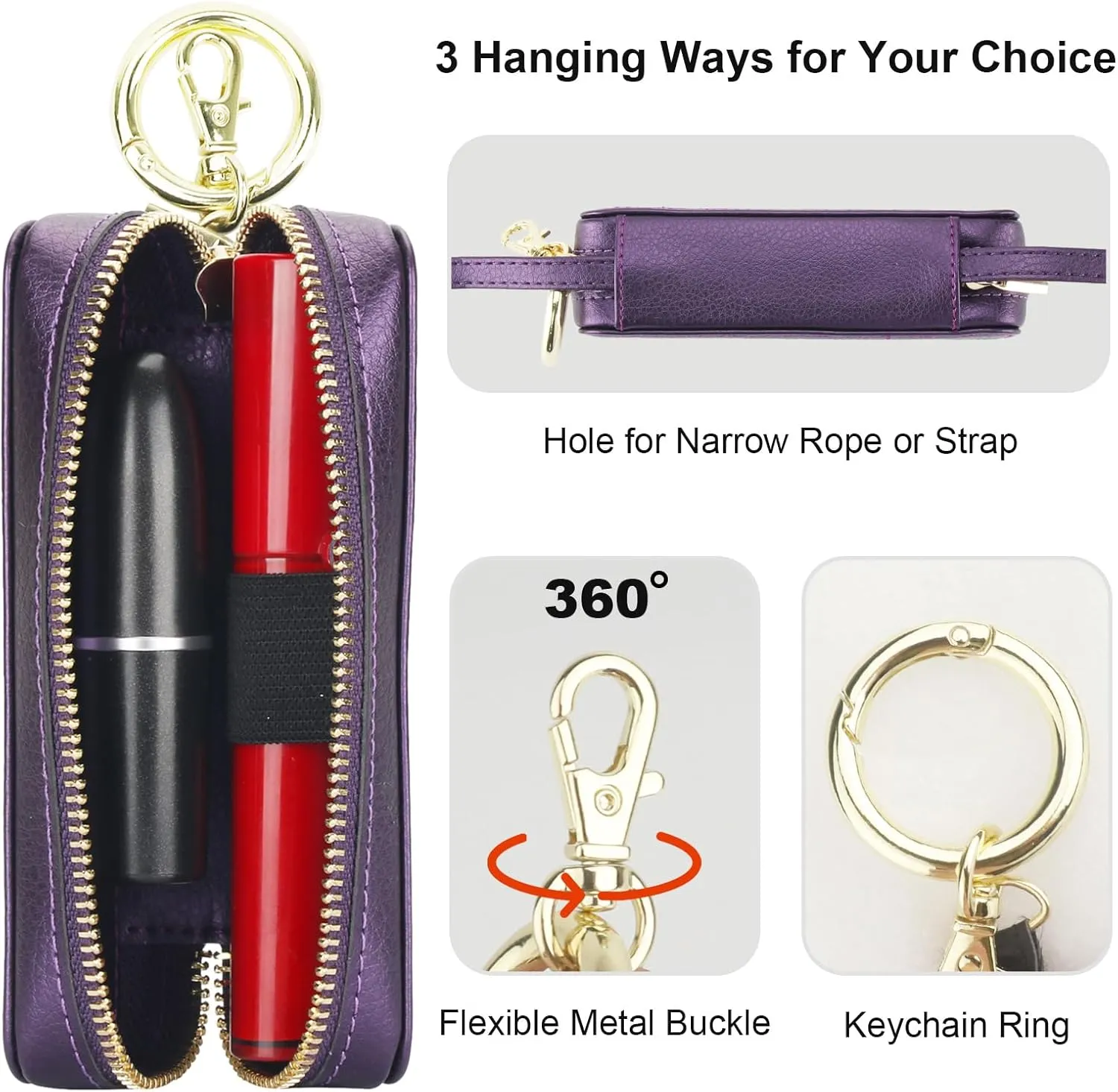 Bocasal Leather Lipstick Case Holder Chapstick Keychain Pouch, Zipper Lip Balm Lip Gloss Bag for Purse with Elastic Band, Makeup Travel Organizer, Cosmetic Storage Kit for Women Girls (Dark Purple)