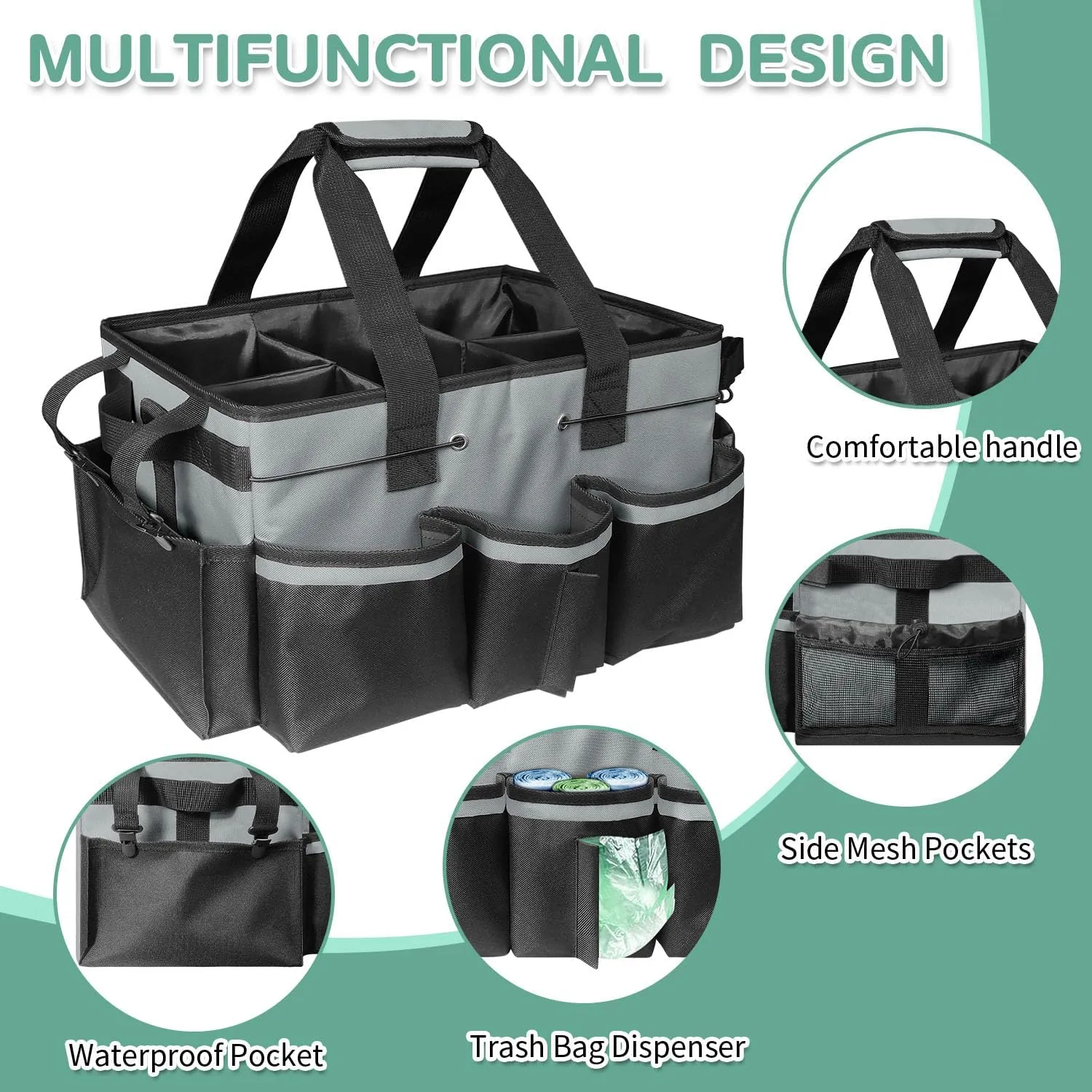 Boczif Cleaning Caddy Bag Wearable, Supplies Organizer With Handle, Shoulder Straps & Detachable Divide, Tool Organizers Tote for Cleaners & Housekeepers (Grey)