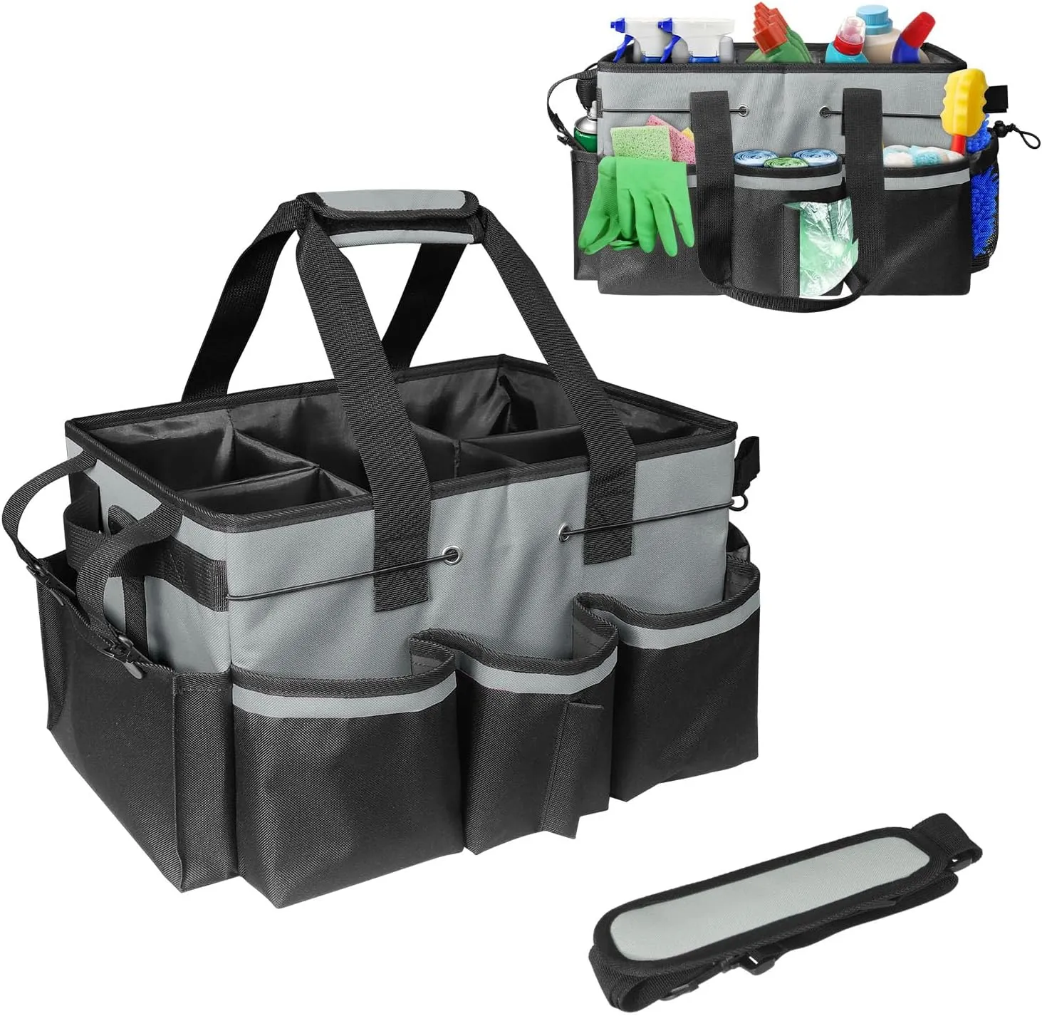 Boczif Cleaning Caddy Bag Wearable, Supplies Organizer With Handle, Shoulder Straps & Detachable Divide, Tool Organizers Tote for Cleaners & Housekeepers (Grey)