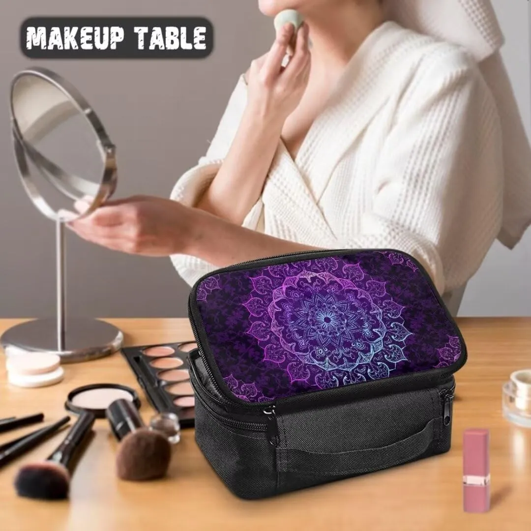 Boho Mandala Travel Makeup Bag for Women Double Layer Makeup Cosmetic Case with Handle for Cosmetics Brushes Toiletry