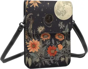 Boho plant moon phase flower vintage crossbody cell phone purse for womens lightweight small soft leather fashion travel wallet with adjustable strap